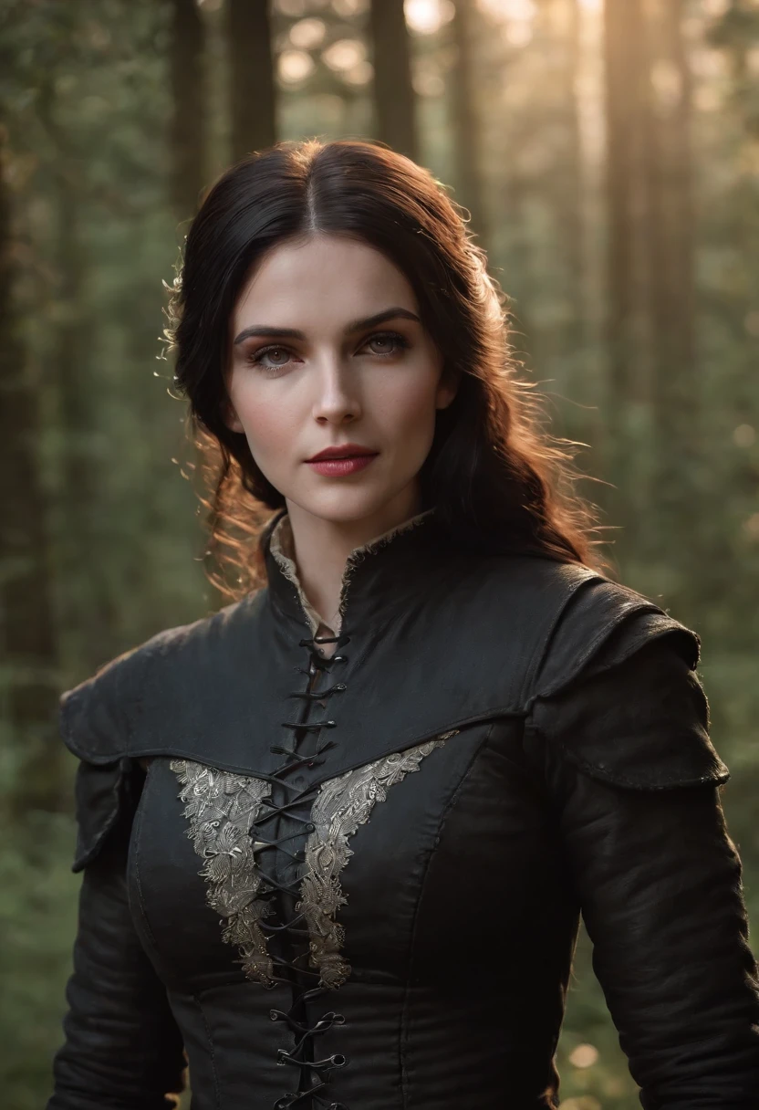 (best quality,4k,8k,highres,masterpiece:1.2),ultra-detailed,(realistic,photorealistic,photo-realistic:1.37),The Witcher: Yennefer of Vengerberg:1.3, upper body, (Black forest background:1.3), (night:1.3), backlight, Game "The Witcher 3" background, UHD wallpaper, (Paired with Canon EF 35mm F/1.4L II USM lens for versatile compositions:1.2)