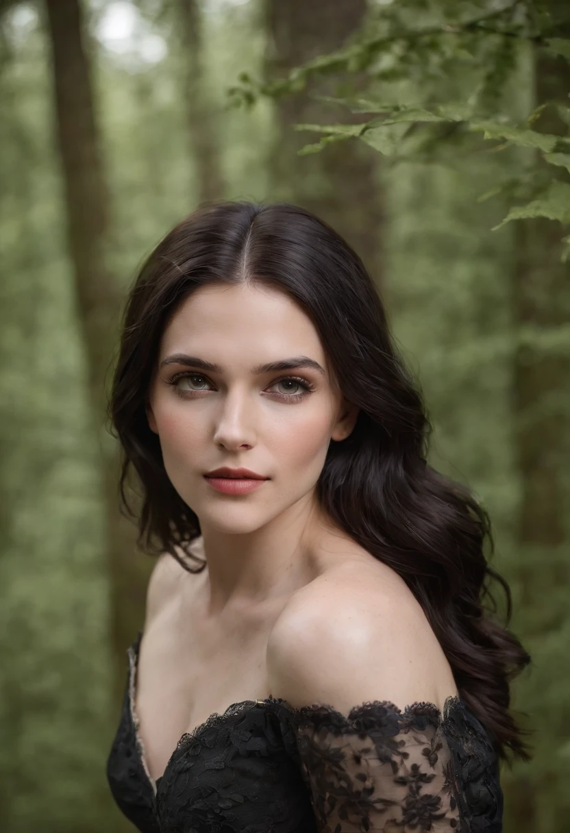 (best quality,4k,8k,highres,masterpiece:1.2),ultra-detailed,(realistic,photorealistic,photo-realistic:1.37),The Witcher: Yennefer of Vengerberg:1.3, upper body, (Black forest background:1.3), (night:1.3), backlight, Game "The Witcher 3" background, UHD wallpaper, (Paired with Canon EF 35mm F/1.4L II USM lens for versatile compositions:1.2)
