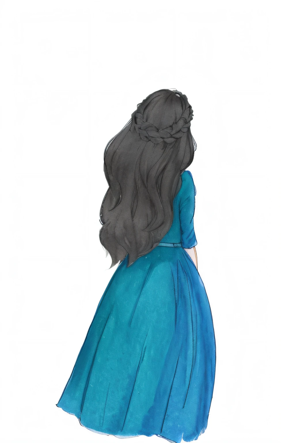 There is a drawing of a woman in a blue dress, Luthien, No estilo de arte de Bowater, senhora semi-virada em vestido de noite, colorful sketch, full-colour illustration, a mulher tem longos cabelos escuros, em um manto com cabelos longos, Estilo de Charlie Bowater, inspirado em Sophie Pemberton, desenho colorido, cor plana