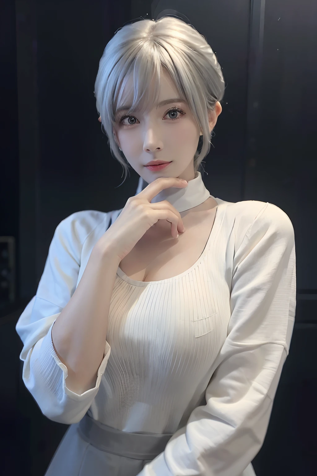 (masuter piece:1.3)、(8K、Photorealsitic、Raw photography、top-quality: 1.4)、(1girl in)、beautiful countenance、(Lifelike face)、(white hair、short-cut:1.3)、Beautiful hairstyle、realisticeyes、Beautiful details、(real looking skin)、Beautiful skins、(Sweaters)、absurderes、enticing、超A high resolution、A hyper-realistic、high-detail、the golden ratio、Bright sunlight、Short ponytail