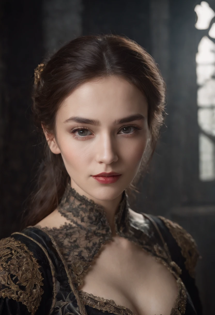 Cinematic portrait, ((upper body)), facing the audience, (Reality :1.3), the world's most beautiful artwork photo, a woman looking into the camera, Gothic costume, detailed beautiful face, action shot, (Intricate :1.4), simple background, global lighting, photorealistic, CG, Art Station