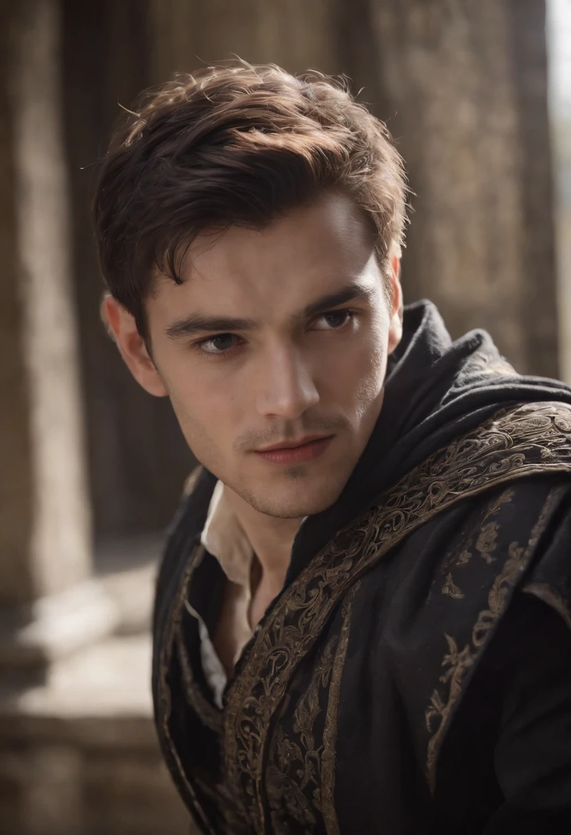 Cinematic portrait, ((upper body)), facing the audience, (Reality :1.3), the world's most beautiful artwork photo, a man looking into the camera, Gothic costume, detailed beautiful face, action shot, (Intricate :1.4), simple background, global lighting, photorealistic, CG, Art Station