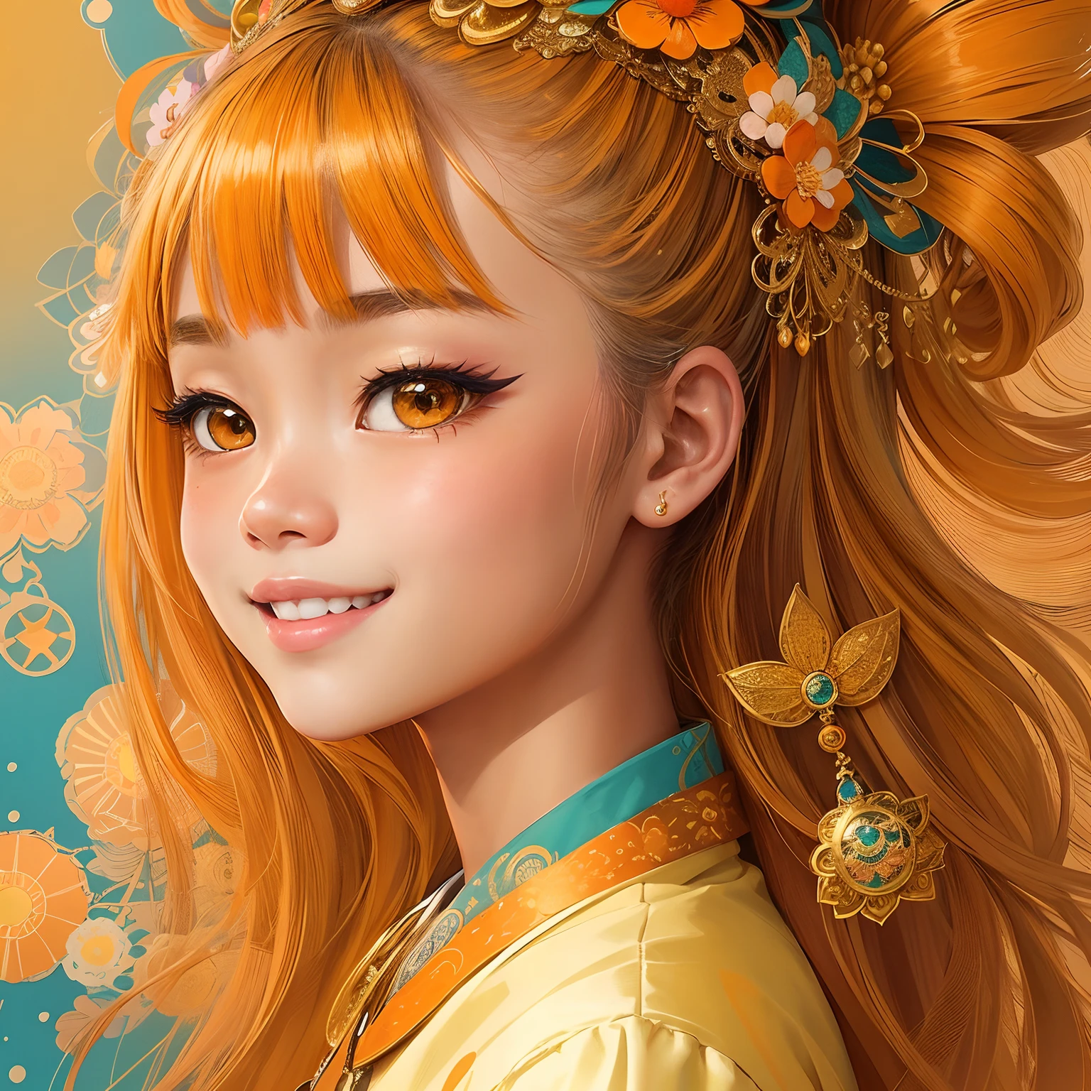 profile portrait of 21 years old Balinese kawaii girl with a cute smile, in canvas print, collage-based, gilded line work, fashion illustration, orange and amber pastel color palette, glitter, halo of small orange and teal flower over her head, in the style of Takashi Murakami