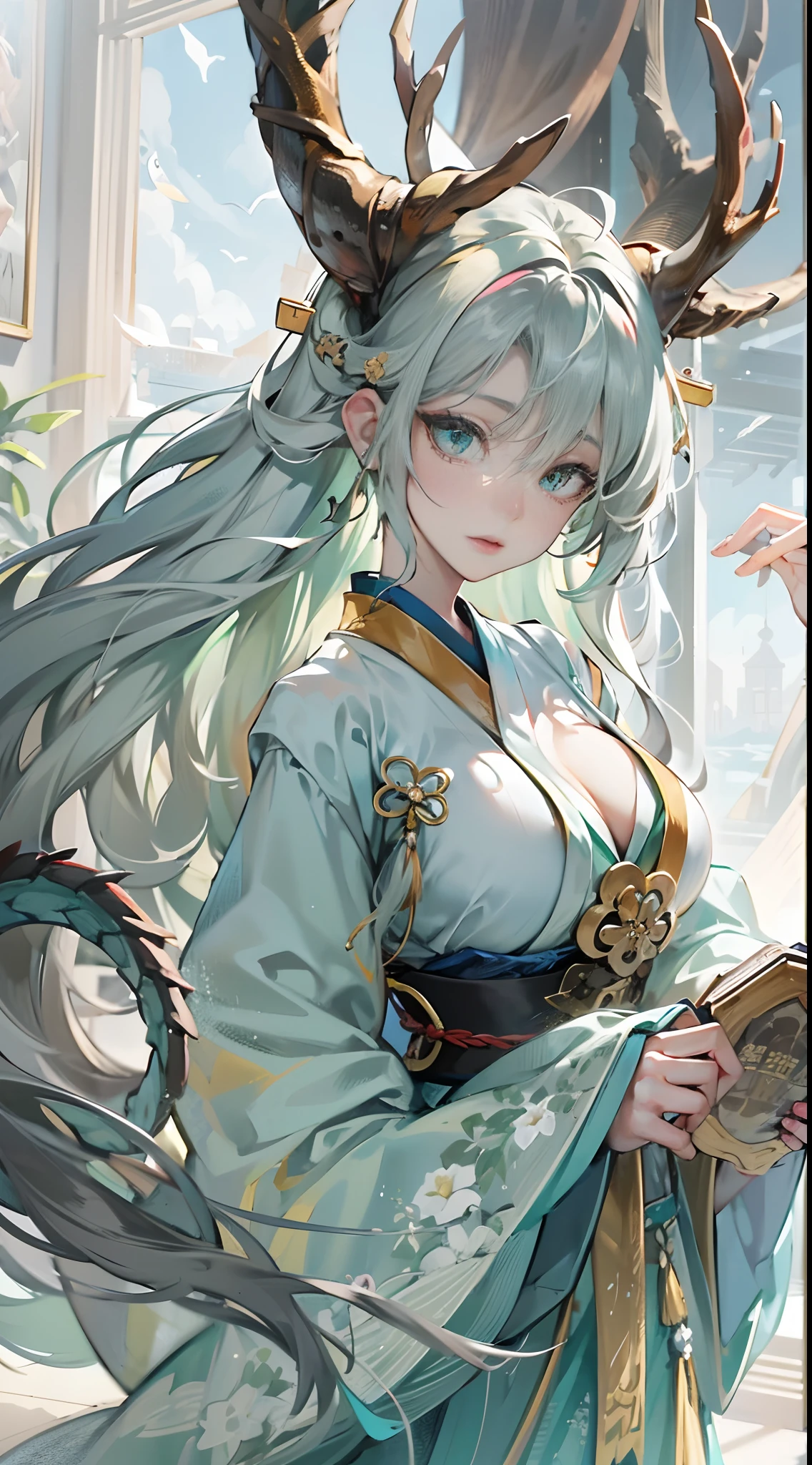 Frustrating text，Dragon's horn，deer antlers，Portrait，Realistic effect，Female pervert，White-haired girl，Messy hair，Ancient wind，cyan colors，cyan colors，Cyan Hanfu(Delicate and mysterious antique patterns)，high-heels，The expression after the climax，winning artwork，Silhouette effect，Epic composition，Stand in front of a window with falling snow(Ancient wind)，(Antique background)Need，8K，The human body light and shadow effect is three-dimensional，Delicate face，（in the darkness nigth：1.6），Fantasyart，photographrealistic，动态照明，art  stations，poster for，Volumetriclighting，Very detailed faces，4 k''，Award-Awarded, low tune, Cowboy shot, (Hanfu:1.4), long whitr hair,(Super huge)))，(((Super huge breasts)))，(cleavage)，(Lift your clothes)，((Cover your breasts))