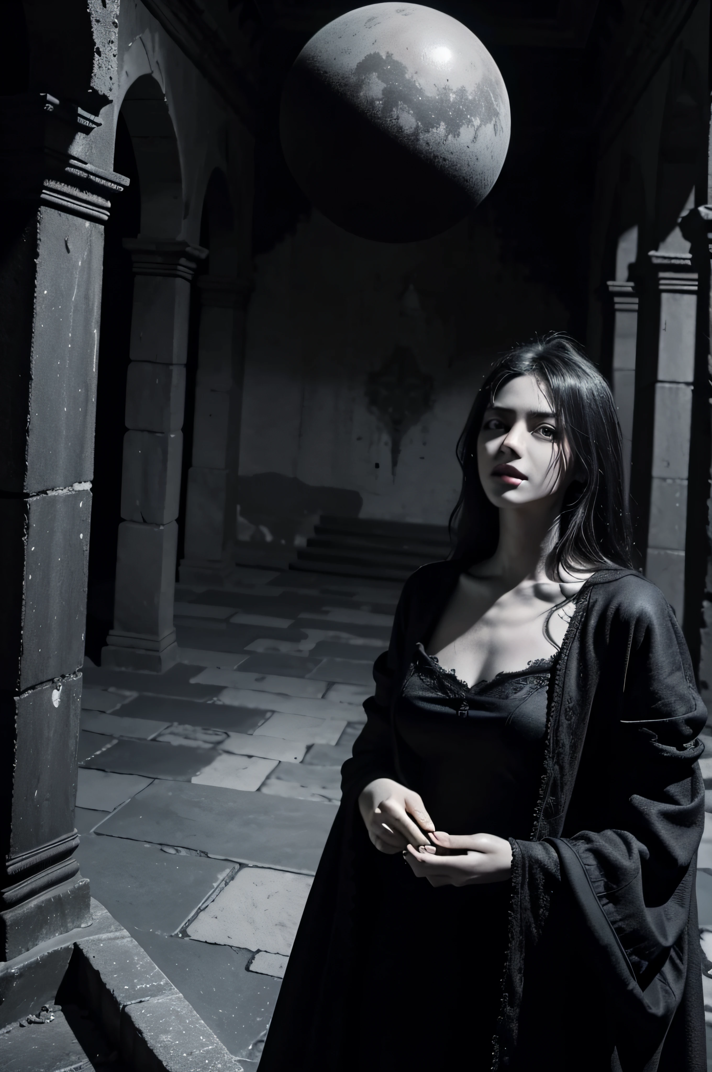 Masterpiece, best quality, (extremely detailed CG unity 8k wallpapers), (best quality), (best illustrations), (best shadows), A haunting, glowing, ominous orb, of mysterious power and enigmatic qualities, emanating with surreal essence, and phantasmagorical, other-worldly energy, in an old, glorious, abandoned castle, with ornate, beautiful cosmetic designs, though worn and somewhat decrepit
A decrepit, abandoned, once-glorious, ancient castle, that is mysterious, very ornate however, despite its age, and with glowing, wondrous, enigmatic qualities, though simultaneously foreboding in atmosphere
A beautiful female character, who is both mysterious, charming, and ominous in her presence. , octane rendering, ray tracing, super detailed