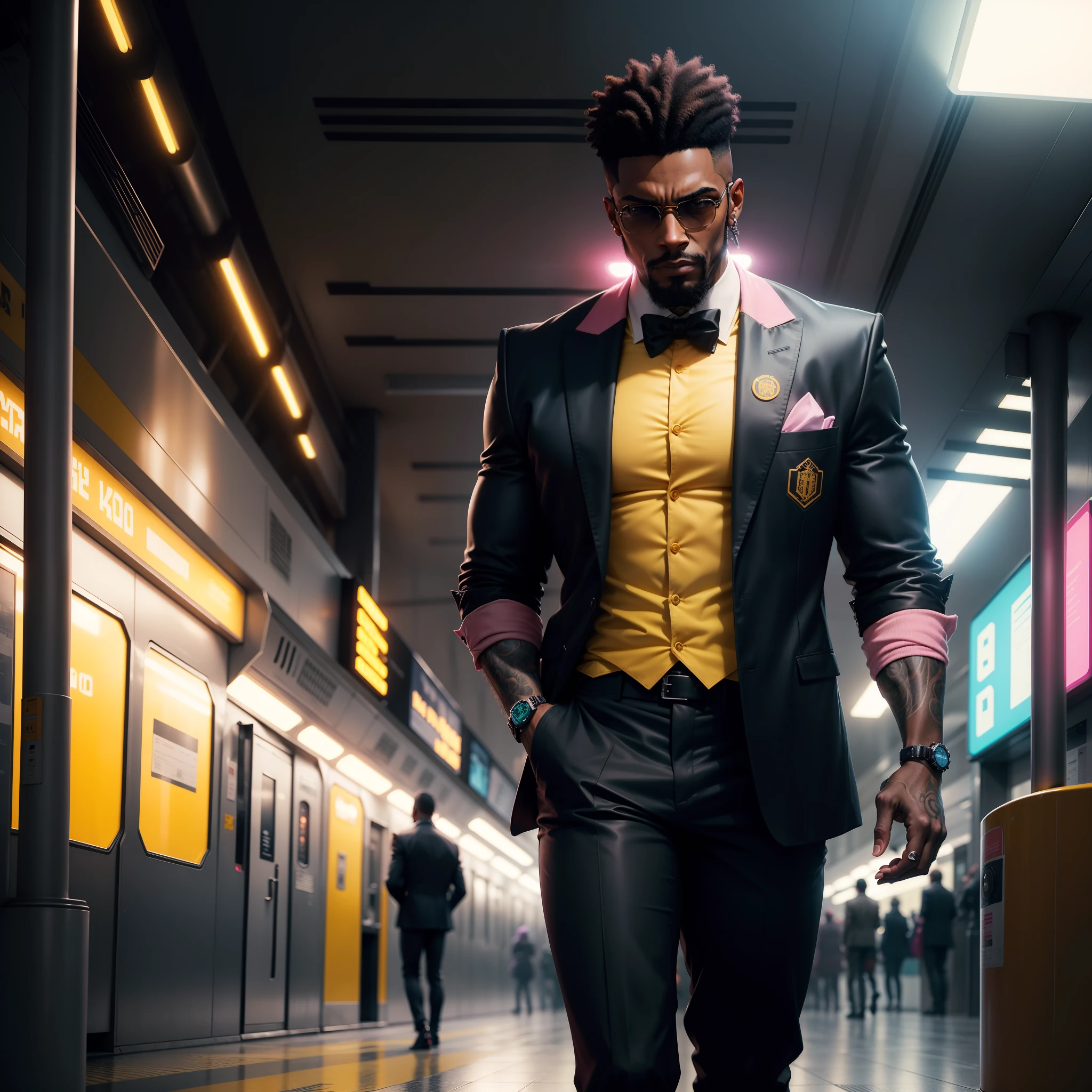 gostaria de uma imagem estilo cyberpunk em 4k de um homem de mais ou menos 50 anos ,de pele negra ,com cabelo punk estilo anos 80 na cor rosa,com uma barba branca ate o peito , with a tattoo of a scorpion near the eye, facing a metro station on the platform , with station lights failing in a dimly lit environment, standing dressed in a dark yellow suit with a pink bow tie --auto