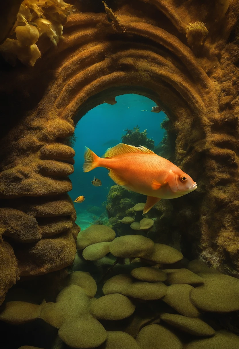 Fish and shrimp under the sea, a house shaped like a squid or a fish