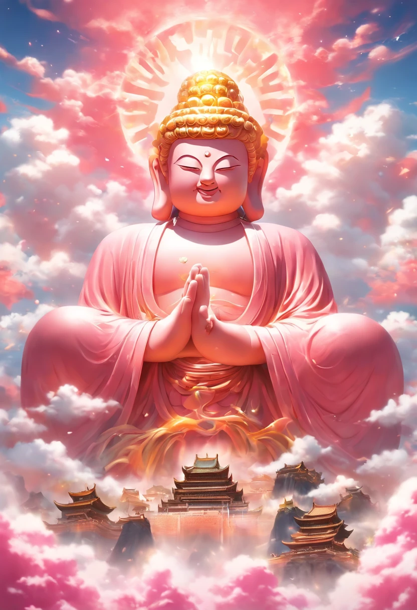 ((masutepiece)),(Best quality)),China style,In the sky, The clouds form a huge transparent shiny white jade Maitreya Buddha statue,Thick clouds,and the sun was shining brightly,Pilgrims on the road,Hyper-realistic,Ultra photo realsisim,Pink,8K,High definition,high qulity,Works of masters,super-fine,(((OC renderer)))