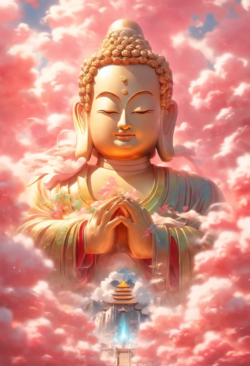 ((masutepiece)),(Best quality)),China style,In the sky, The clouds form a huge transparent shiny white jade Maitreya Buddha statue,Thick clouds,and the sun was shining brightly,Pilgrims on the road,Hyper-realistic,Ultra photo realsisim,Pink,8K,High definition,high qulity,Works of masters,super-fine,(((OC renderer)))