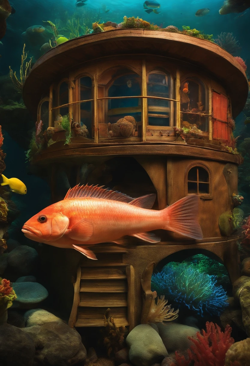 Fish and shrimp under the sea, a house shaped like a squid or a fish box