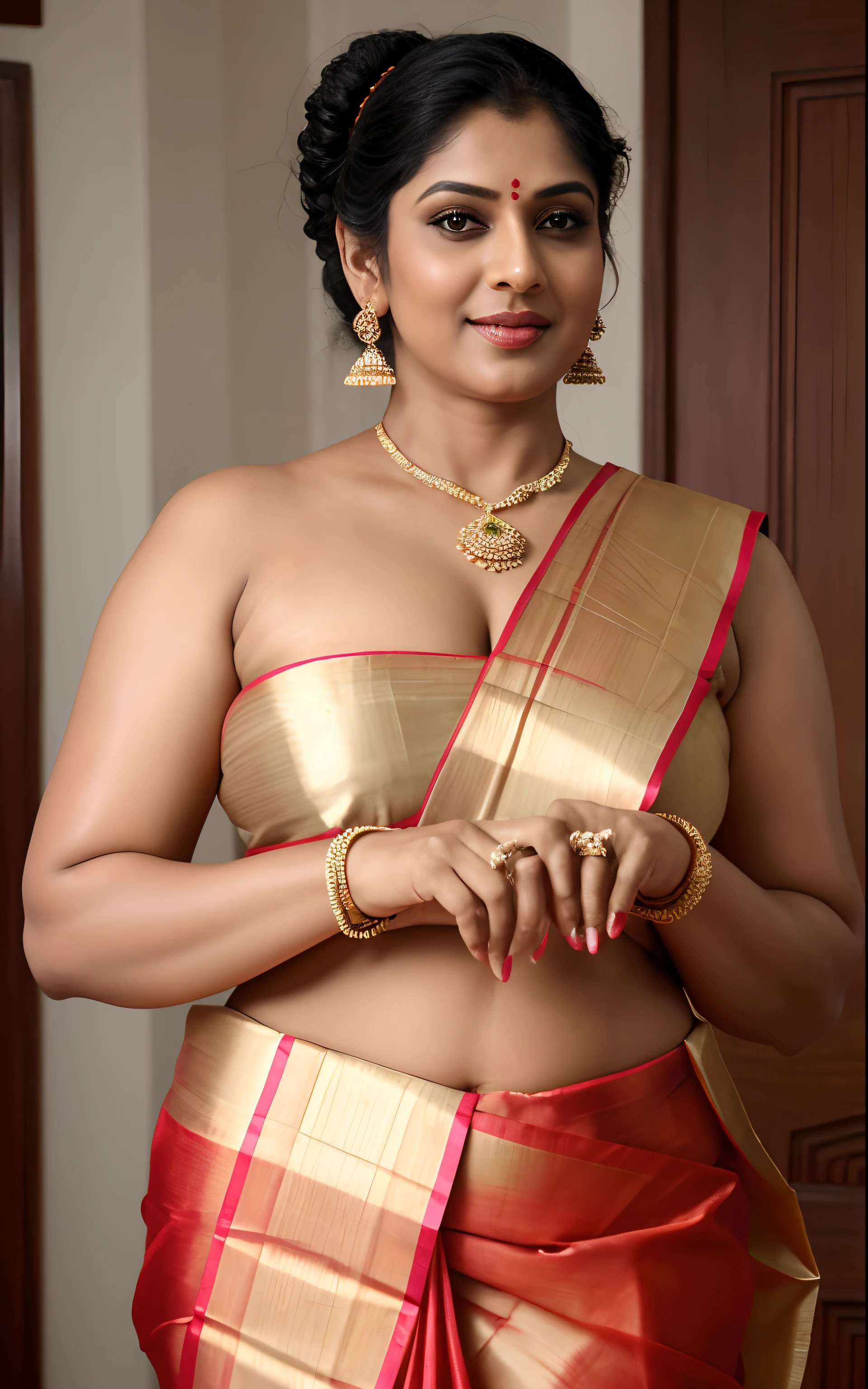 Foto RAW, Photographic recreation shoot Inspired from art by mohanan manimala, dressing style like Poonguzhali in Ponniyin Selvan,bare chest covered by sari,Mundum Neriyathum Saree Drape, traditional south indian saree draping, Swollen and enlarged breasts, sensual pleasure, erotic photoshoot,best quality, sleeveless blouse, off shoulder dress, queen of Lust, appealing physique, sultry woman, modern sleeveless blouse, her sensual & bold Avataar, extremely gorgeous and hot milf, modelshoot, profile photoshoot, mastershot, model photography, retouched, movie stills shoot, modelshoot Inspired by art of mohanan manimala, revealing clothes, her exposed charming figure, appealing physique, pale skin, Beautiful lady, extremely gorgeous woman, mallu traditional wear, party wear, designer saree, sexy woman, wedding party wear, hot sleeveless blouse, sexy designer dress, designer blouse, braless, hot party wear, spotless skin, designer sari, fashion saree, 45 years old, sexy sleeveless blouse, armpits exposing, modern Indian aunties, sexy Indian housewife, desi bhabhi hot, sexy giant woman like figure, seductive body, wearing palla, Indian traditional bandeau crop top bra, huge breast, milk tank, mallu woman, mallu actress, mallu aunty, mallu sari model, mallu actress, lusty, perfect thick body, fleshy figure, highly detailed, intricate, flawless, pheromones dropping figure, seductive expression, beautiful face, juicy figure, perfect face, perfect eyes, perfect fingers, round shaped face, curvy, mallu bhabhi,mallu woman,mallu Beauty, Kerala Beauty, Kerala aunty,Kerala wife, skin texture, hot, small hairs on armpits, unshaved underarm, armpit crease, captivating, lusty, charming, attractive figure, mature woman, Kerala model, Kerala actress, nails can be hidden,queen of Lust,High clarity eyes, gigantic figure,extremely seductive, extremely seductive dress, flawless picture,(pele altamente detalhada: 1.2), 8k UHD, DSLR, soft-lighting, alta qualidade, grain of film, Fujifilm XT3