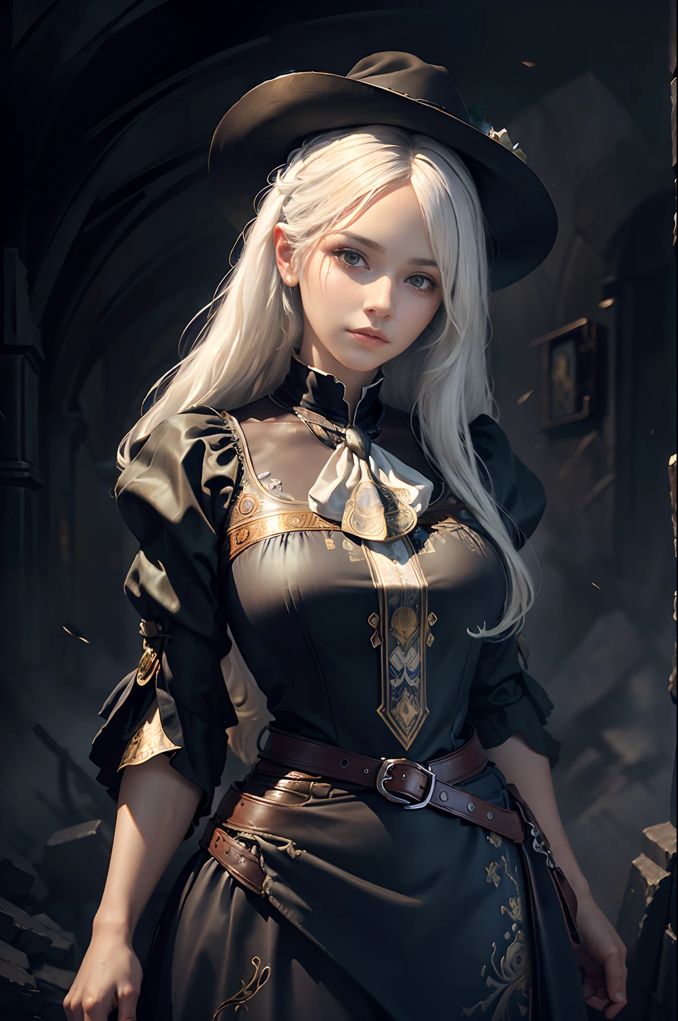 (Surrealist portraits of women), (dark fantasy art: 1.6), David Hockney and Alphonse Mucha style, Amazing realism, Dynamic lighting, 4K 分辨率, Very detailed facial features, Award-winning, Cowboy shot, (official clothes: 1.4), Long, white hair, Deep shadows.
