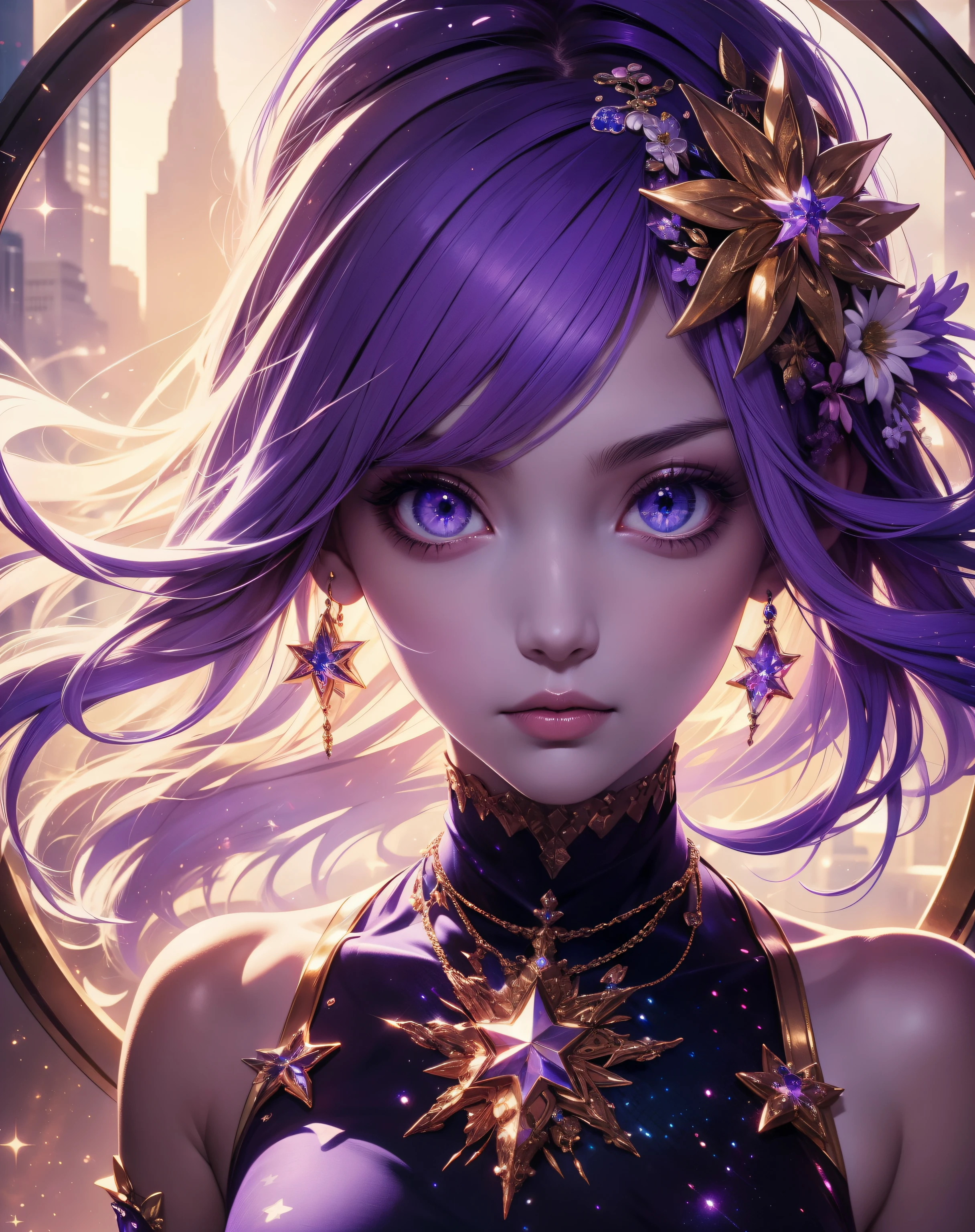 masterpiece, best quality, ultra-detailed, illustration, , , 1girl,solo, image body, flower, looking at viewer, , , purple eyes, jewel-like eyes, extremely detailed eyes, extremely detailed face,, , star (sky), constellation,  purple energy,  railing, meteor