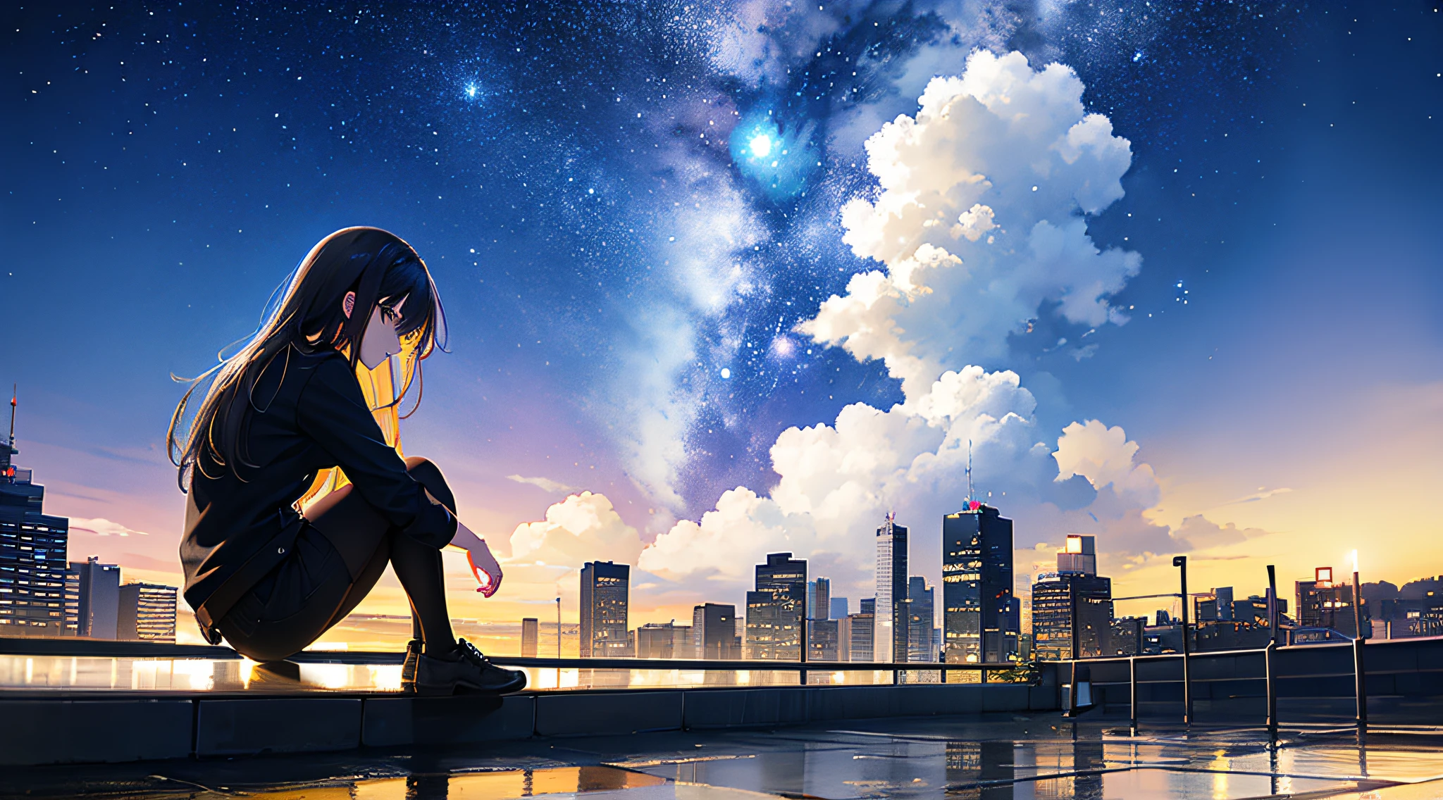 Anime girl sitting on a ledge looking at the city skyline - SeaArt AI