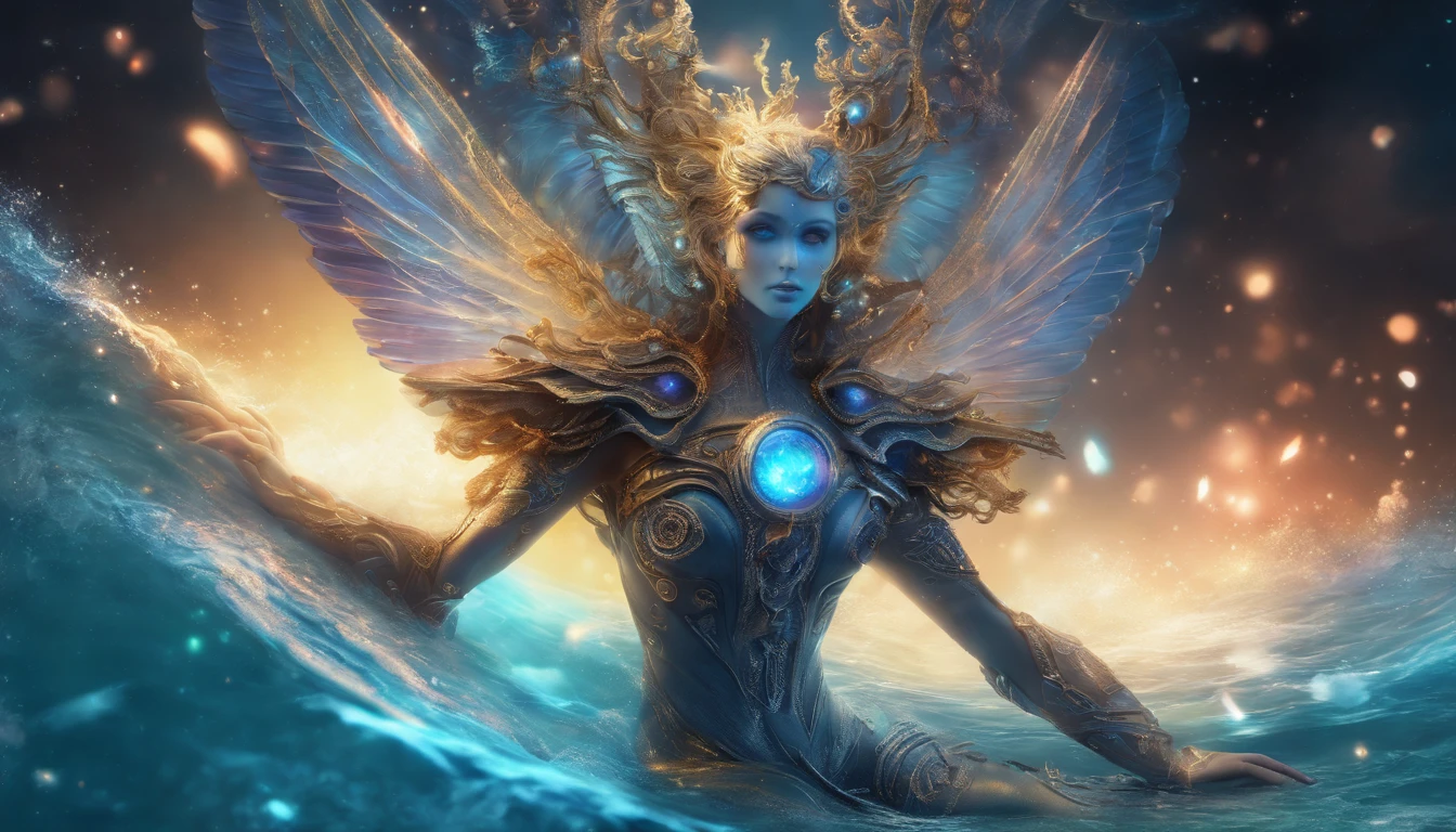 Cosmic Fallen Angel, glowing light eyes, Delicate and beautiful face,Bigchest,Biomechanical, eerie, Dream-like, Very bright colors, Light particles, with light glowing, Mshiv, wallpaper art, UHD wallpaper