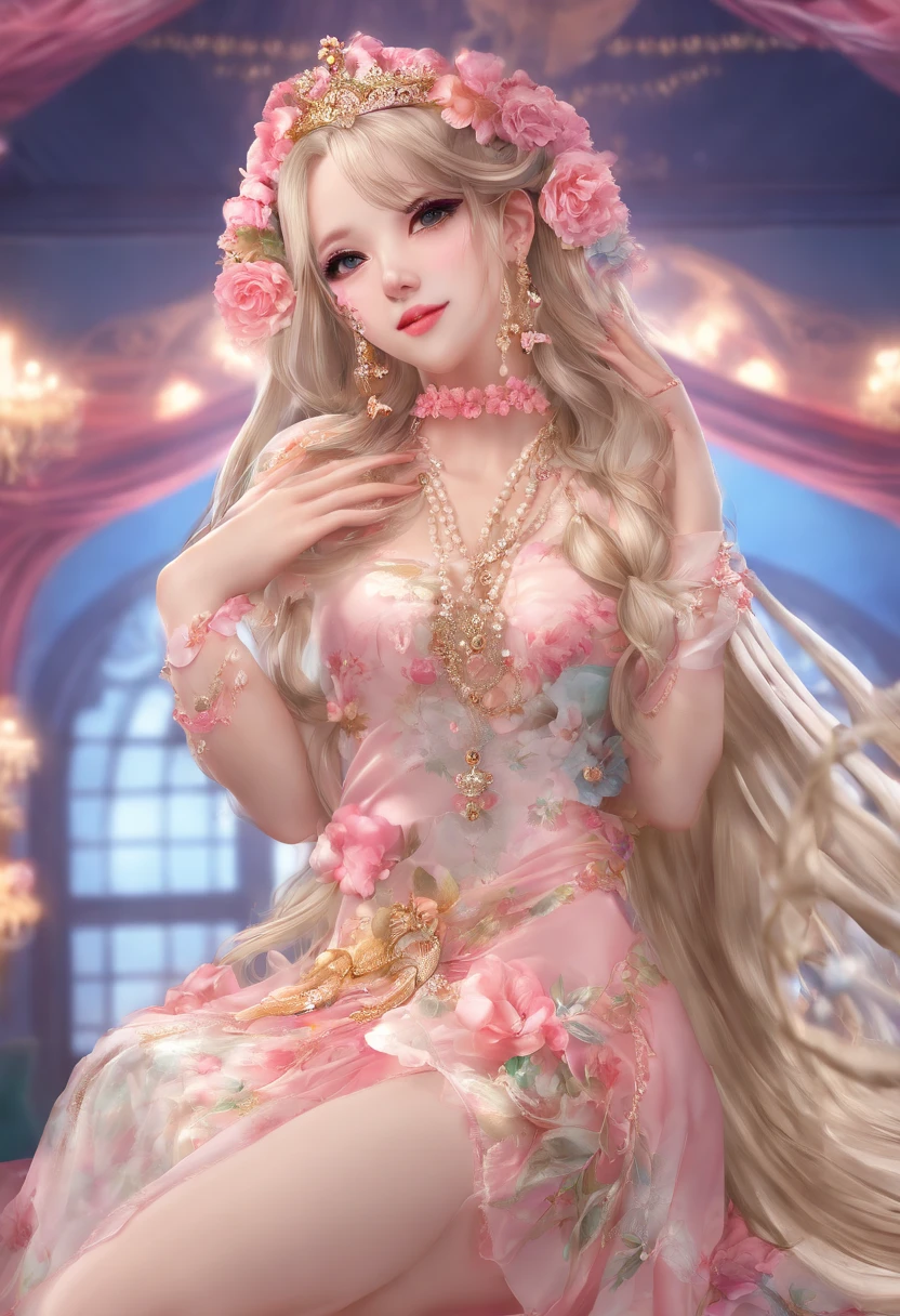 Masterpiece, Best quality, A high resolution, HMSL1, Medium hair, x hair ornamen, crown, pink flower, White dress, bridal garter, Bare shoulders, Wrist cuffs, frill dress, neck bowtie, Large breasts, Stage, day, sky, Cowboy shot, standing in the middle of the stage,Microphone in hand,The microphone is cute strawberry shaped,1girll,full body,Slender toned legs,white Heels,The leather shoes have gold metal hangings,idoly,Stage costumes,be on stage,holding a mic,Neon stage,Projector lamp illumination,LED stage background,Flowers bloom,Seven colored lights,(Masterpiece),(Best quality:1),(超高分辨率:1),the wallpaper, Detailed illustration, detailed beautiful skin, 1girll, Solo, Bikini, , Sexy, big breast, mini plaid skirt,