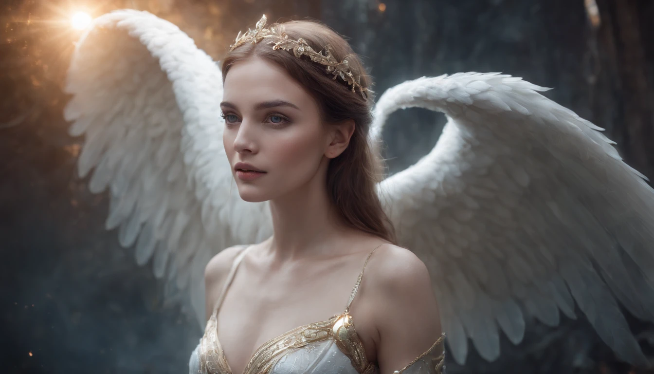 Cosmic Fallen Angel, glowing light eyes, Delicate and beautiful face,Bigchest,Biomechanical, eerie, Dream-like, Very bright colors, Light particles, with light glowing, Mshiv, wallpaper art, UHD wallpaper