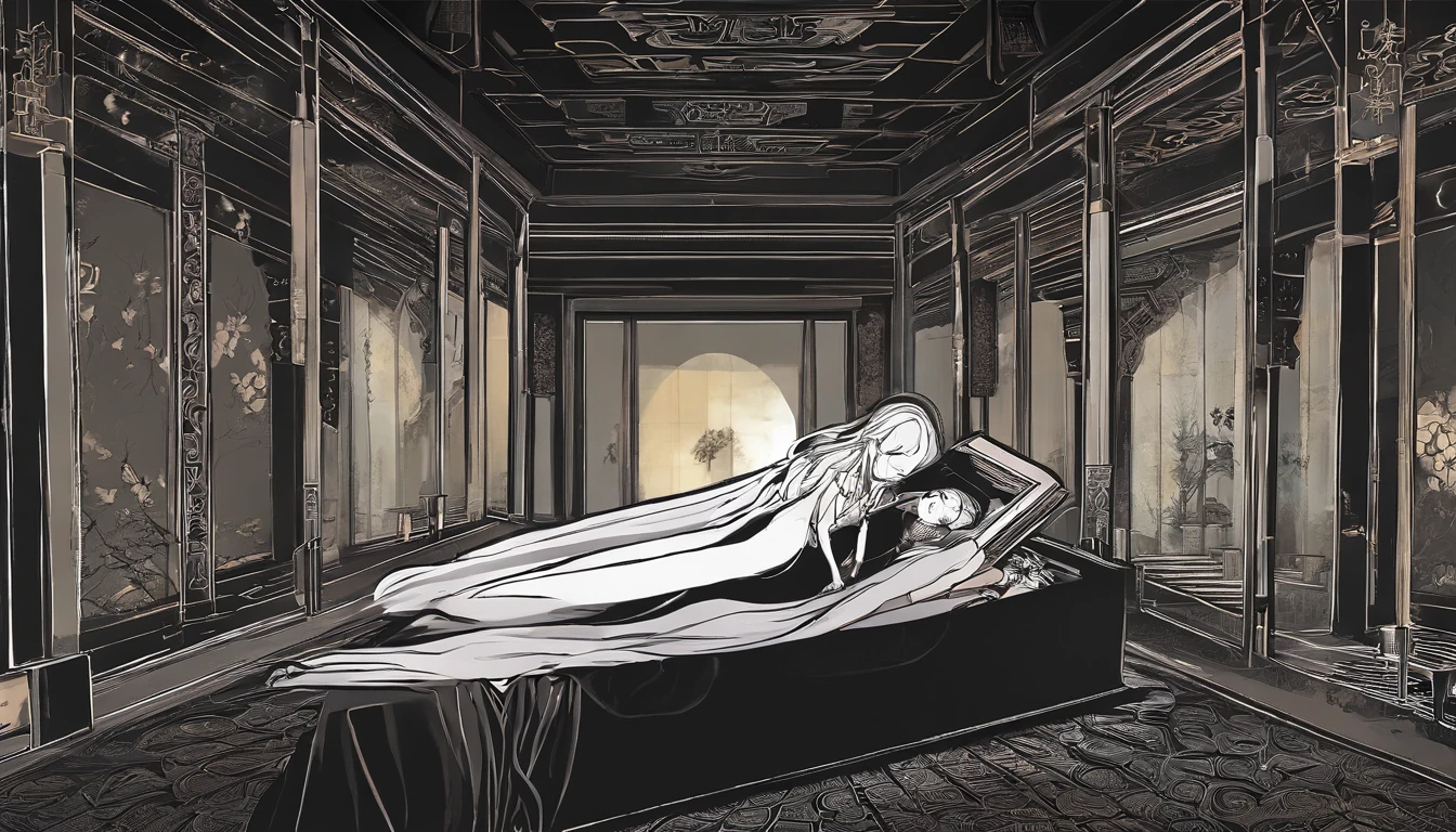 Spooky ancestral hall，A terrifying coffin，Fog，Dark light，Unseen spiritual positions