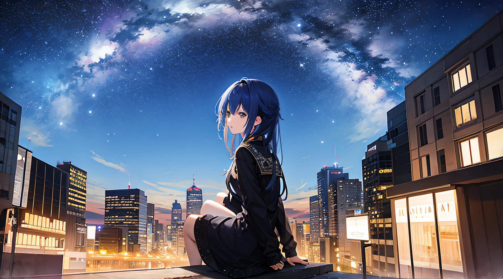 octans, sky, star (sky), scenery, starry sky, night, 1girl, night sky, solo, outdoors, building, cloud, milky way, sitting, tree, long hair, city, silhouette, cityscape