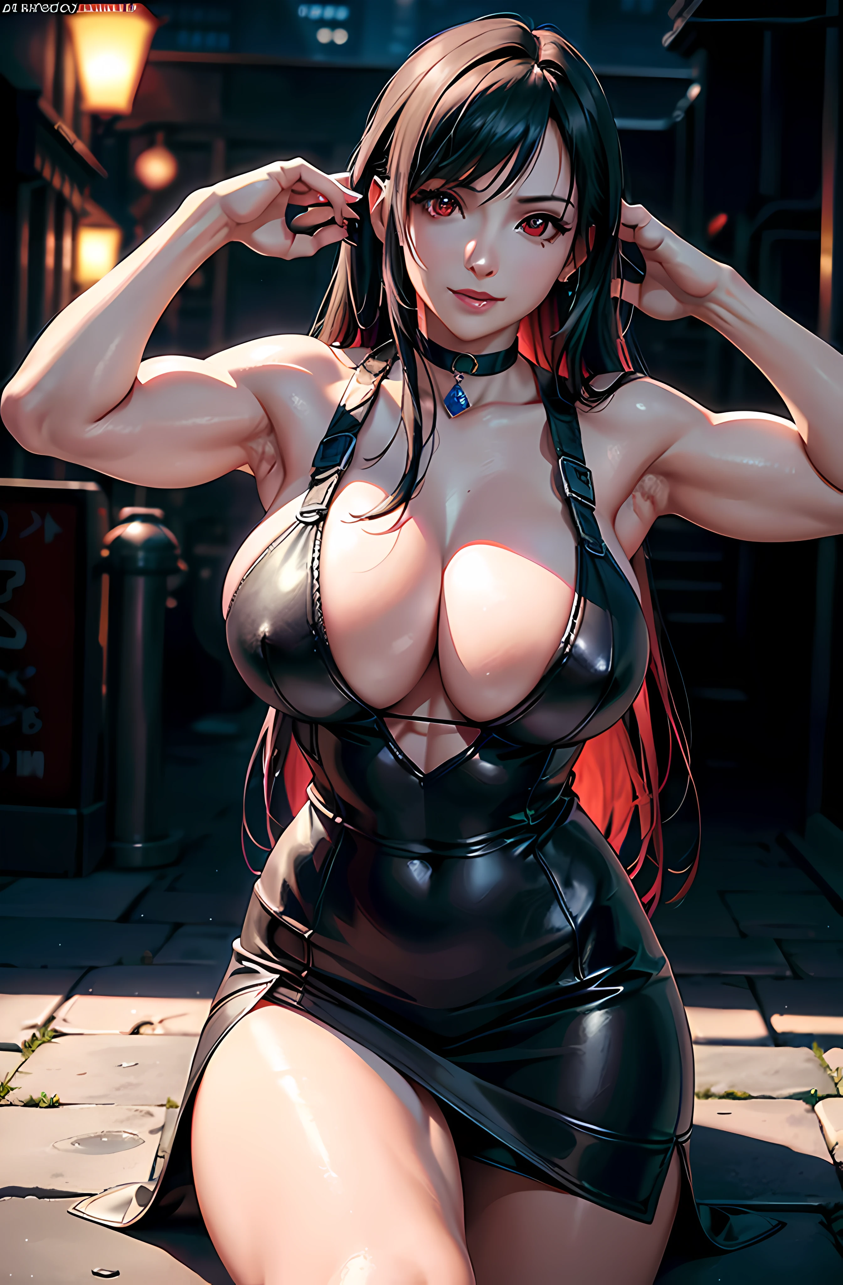 (8k, best quality, masterpiece:1.2), (realistic, photo-realistic:1.37), ultra-detailed, 1 girl,cute, solo, (tifa lockhart), (huge breasts:1.5),(beautiful detailed eyes), (smile:1.2), (closed mouth), erotic pose, dancing, outside an industrial factory, depth of field, dark intense shadows, sharp focus, depth of field, good composition, green glowing light, Final Fantasy VII, (sapphire dress:1.3), (black choker) full body, head rest, lips, pretty face, low-tied long hair, ((red_eyes:1.3)), (night:1.3), intricate, bokeh, cinematic lighting, photon mapping, radiosity, physically-based rendering, (Tetsuya Nomura style), nsfw, perfect breasts, (((muscular)))