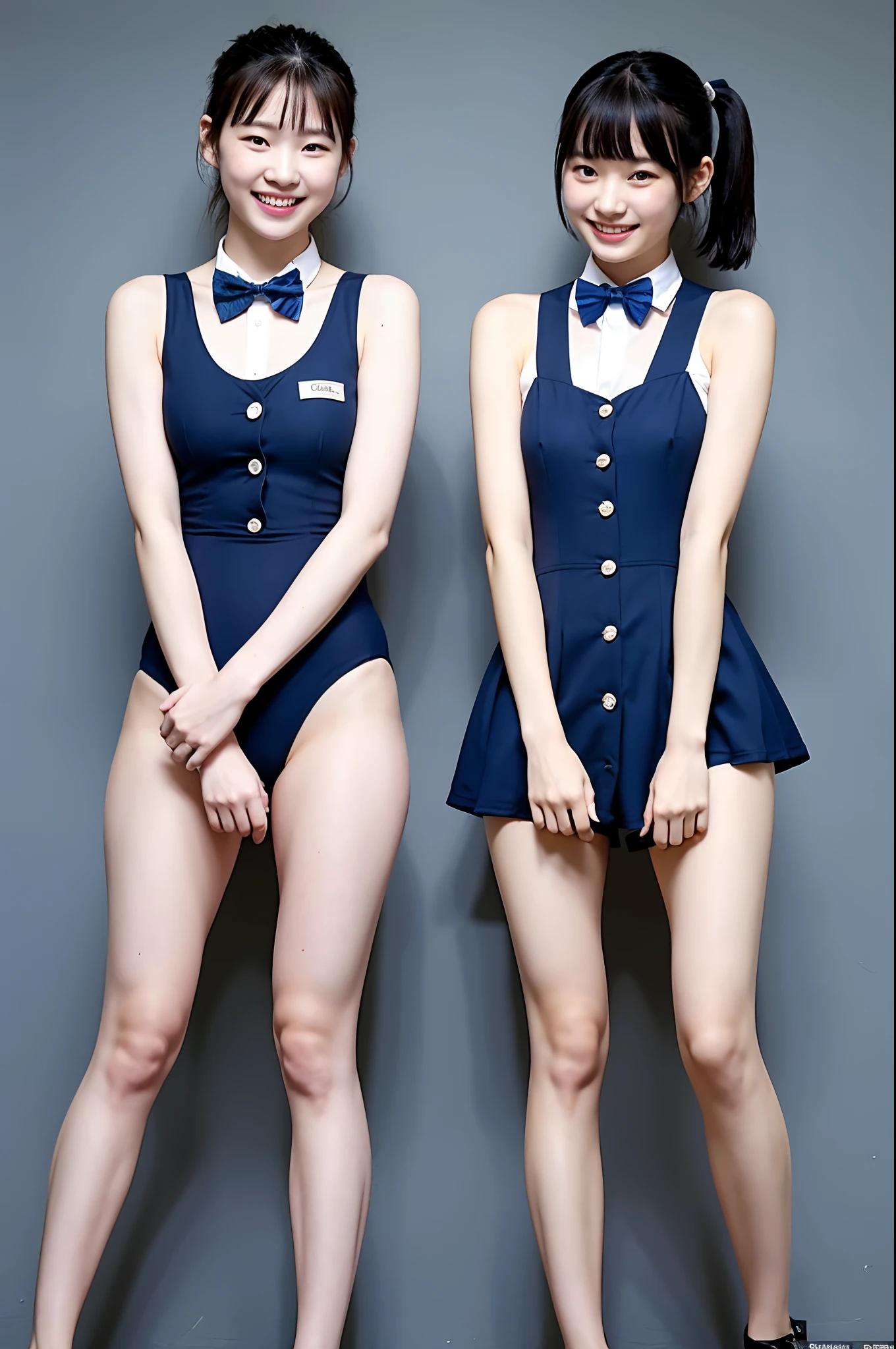 2 girls standing in school yard,navy blue one-piece school swimsuit with white collar with button and bow tie,18-year-old,bangs,a little smiles,thighs,crotch,knees,short cut hair,low poneytail,from below