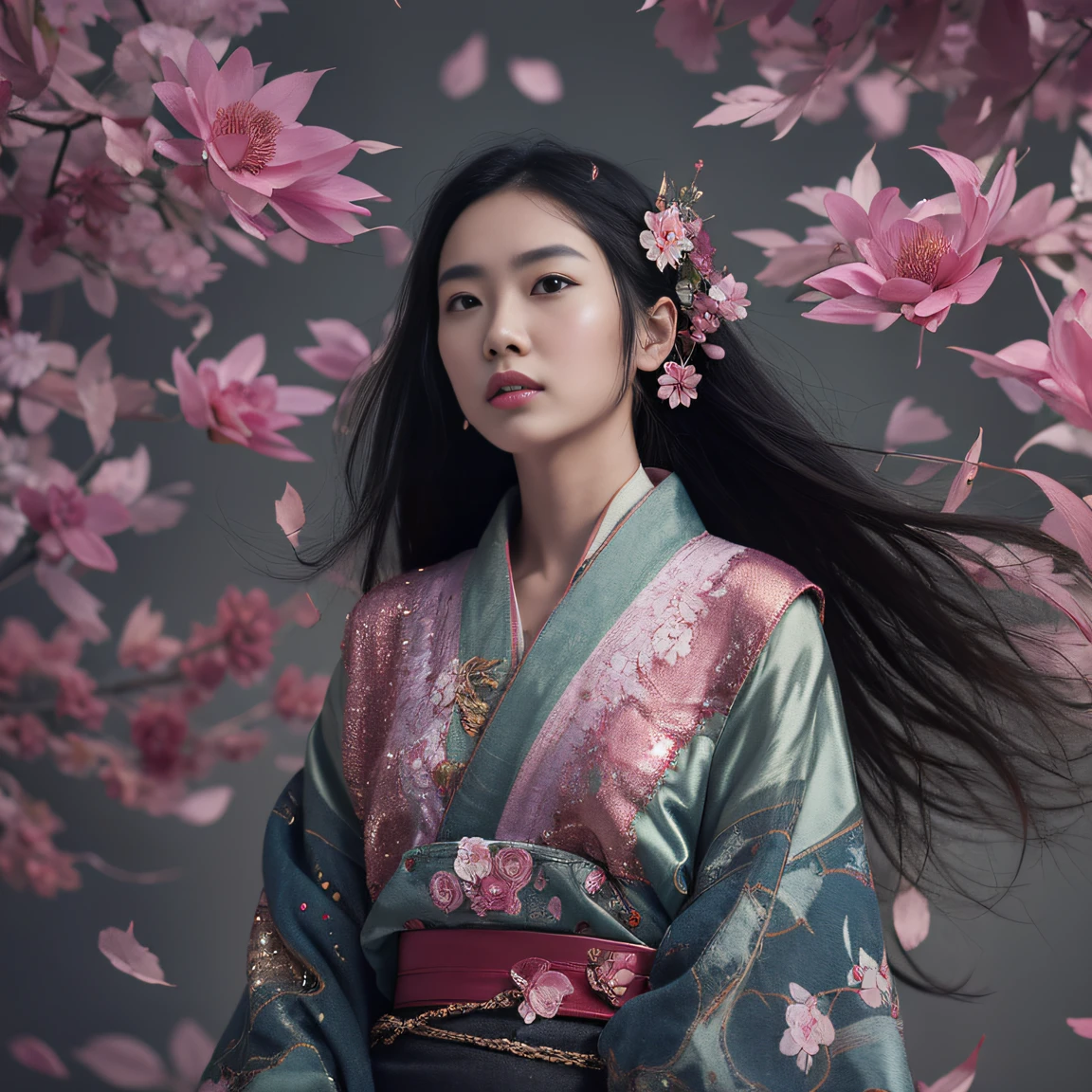 32K(tmasterpiece,k hd,hyper HD,32K)Long flowing black hair,ponds,zydink, a color, Aozhou people (Concubine girl), (Purple silk scarf), Combat posture, looking at the ground, long whitr hair, Floating hair, Carp pattern headdress, Chinese long-sleeved clothing, (Abstract gouache splash:1.2), Pink petal background,Pink and white lotus flowers fly(realisticlying:1.4),Black color hair,Fallen leaves flutter,The background is pure, A high resolution, the detail, RAW photogr, Sharp Re, Nikon D850 Film Stock Photo by Jefferies Lee 4 Kodak Portra 400 Camera F1.6 shots, Rich colors, ultra-realistic vivid textures, Dramatic lighting, Unreal Engine Art Station Trend, cinestir 800,Long flowing black hair,Denim skirt