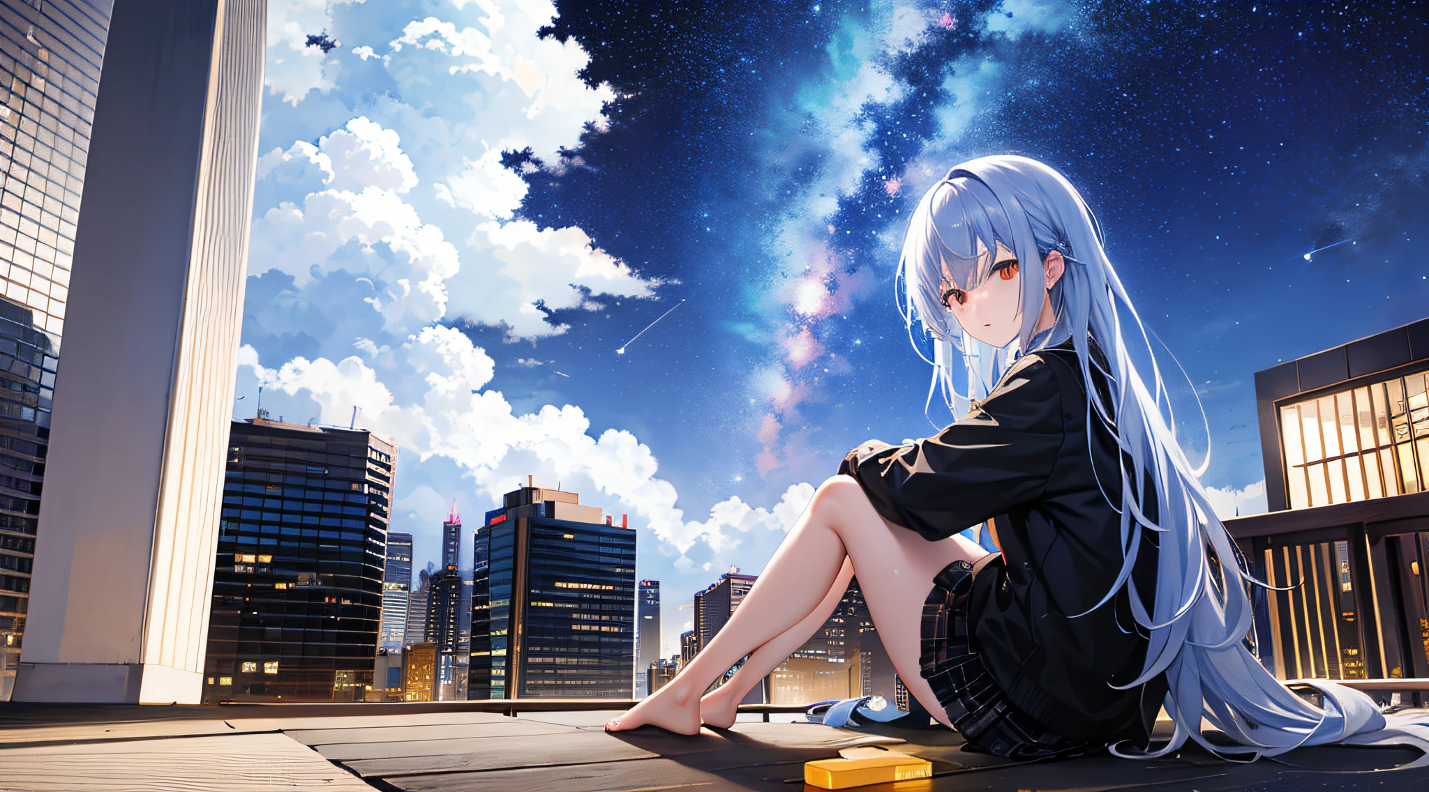 octans, sky, star (sky), scenery, starry sky, night, 1girl, night sky, solo, outdoors, building, cloud, milky way, sitting, tree, long hair, city, silhouette, cityscape