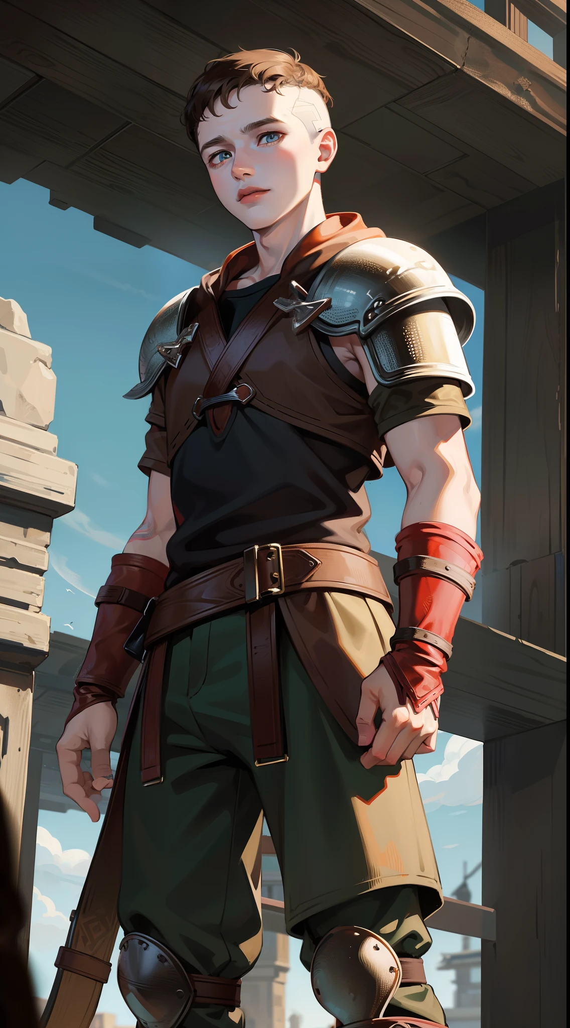 young boy, Atreus (God of War), brown hair, Cyan eyes, Hunter's clothes, Viking, Masterpiece, hiquality, high detail, HD, 4k