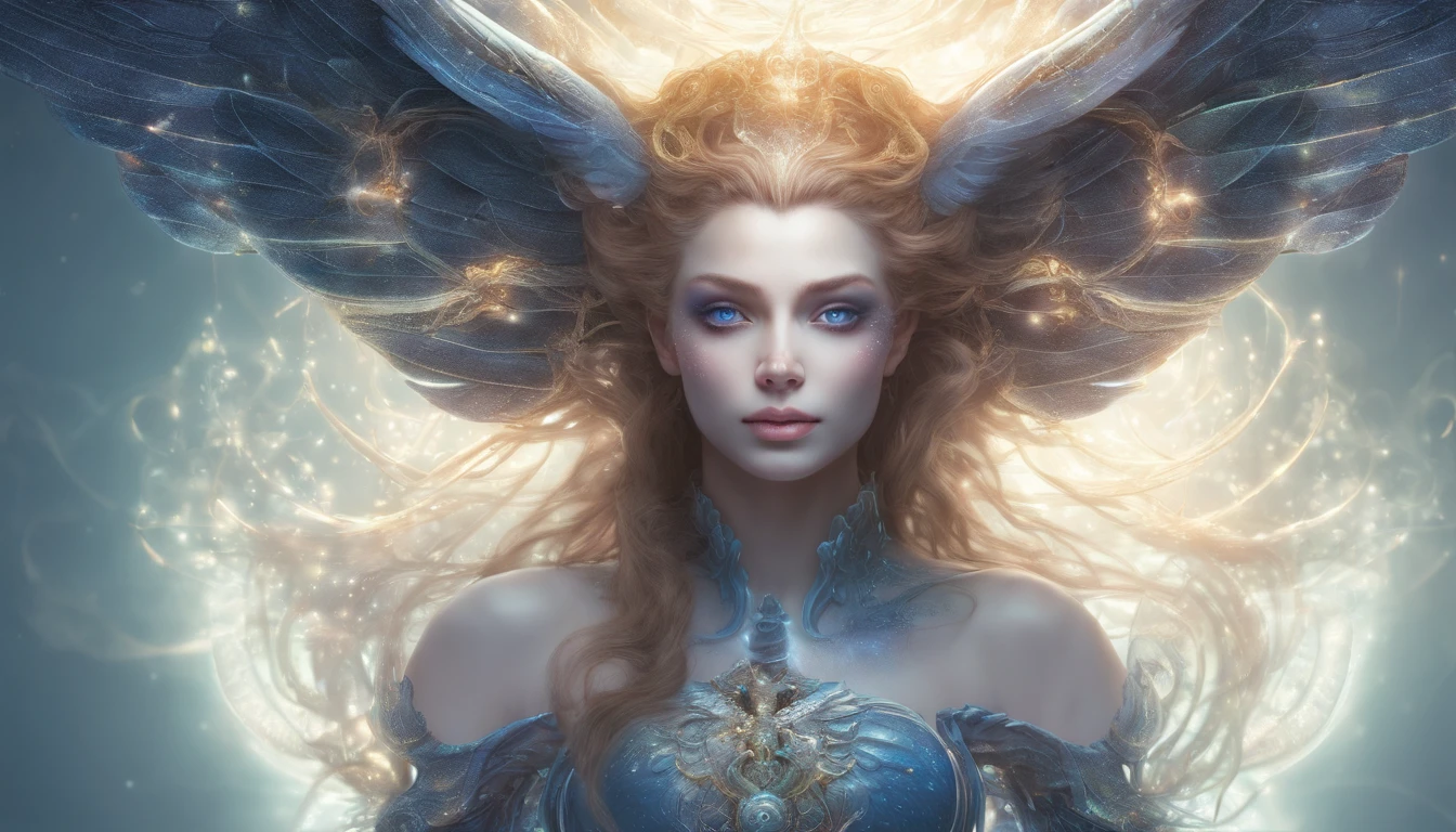 Cosmic Fallen Angel, glowing light eyes, Delicate and beautiful face，Bigchest，Biomechanical, eerie, Dream-like, Very bright colors, Light particles, with light glowing, Mshiv, wallpaper art, UHD wallpaper