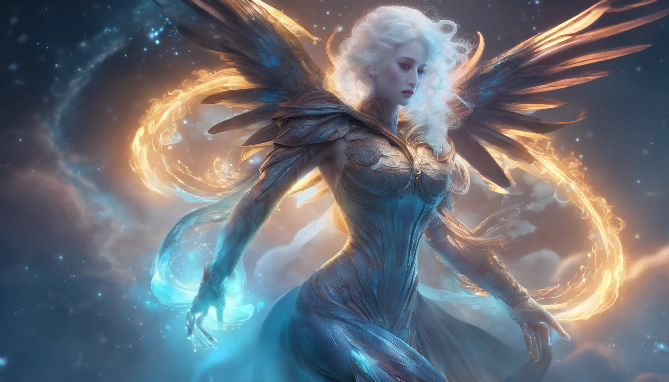 Cosmic Fallen Angel, glowing light eyes, Delicate and beautiful face,Bigchest,Biomechanical, eerie, Dream-like, Very bright colors, Light particles, with light glowing, Mshiv, wallpaper art, UHD wallpaper