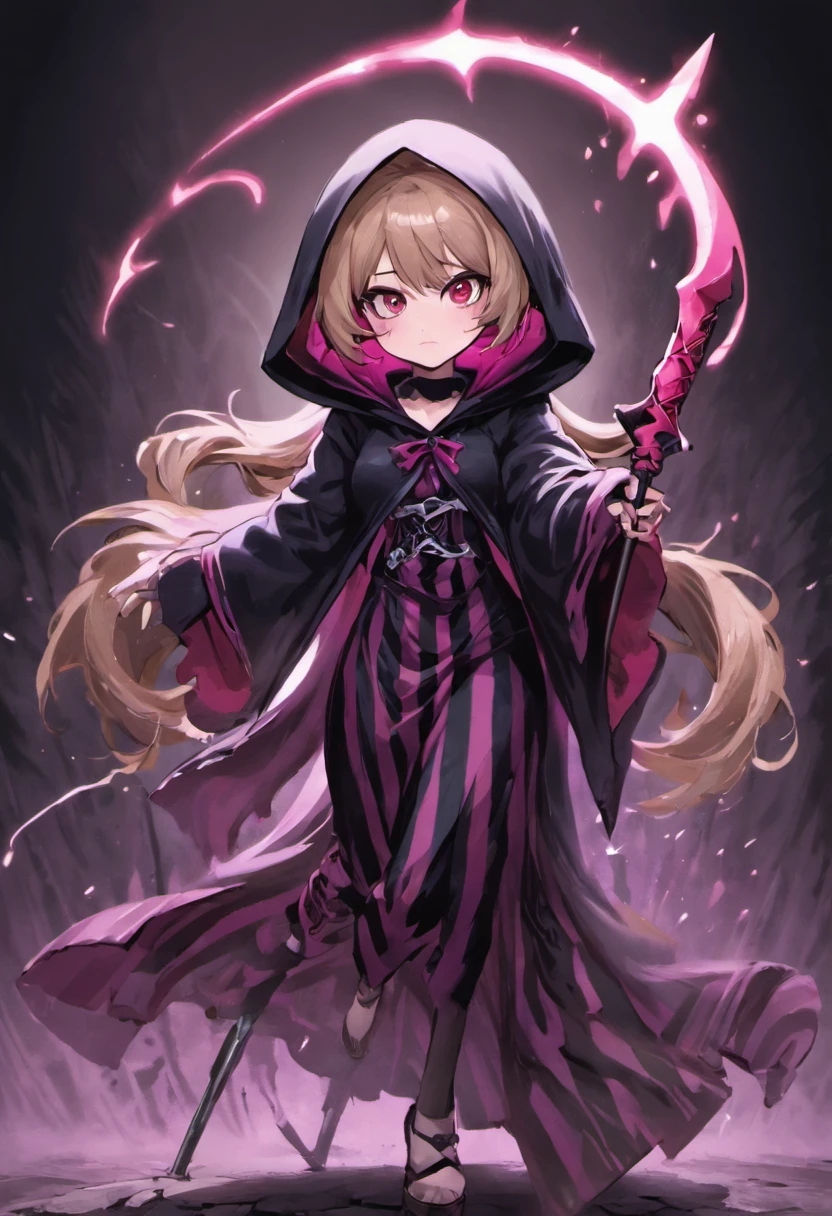 Cute hooded girl shrouded in dark mist,(Female Grim Reaper Protecting Girls:1.3,)Wielding a scythe,Emerge from the swirling shadows.Stand in the Cemetery of Forgotten Souls.(Light brown and light pink striped hair:1.3,),Perfect face,Proper body proportion,masutepiece,Super high-quality output images,超A high resolution,Intricate details,Very delicate and beautiful hair,photographrealistic,Dreamy,Professional Lighting,realistic shadow,Solo Focus,Beautiful hands,Beautiful fingers,Detailed finger features,detailed clothes features,Detailed hair features,detailed facial features,