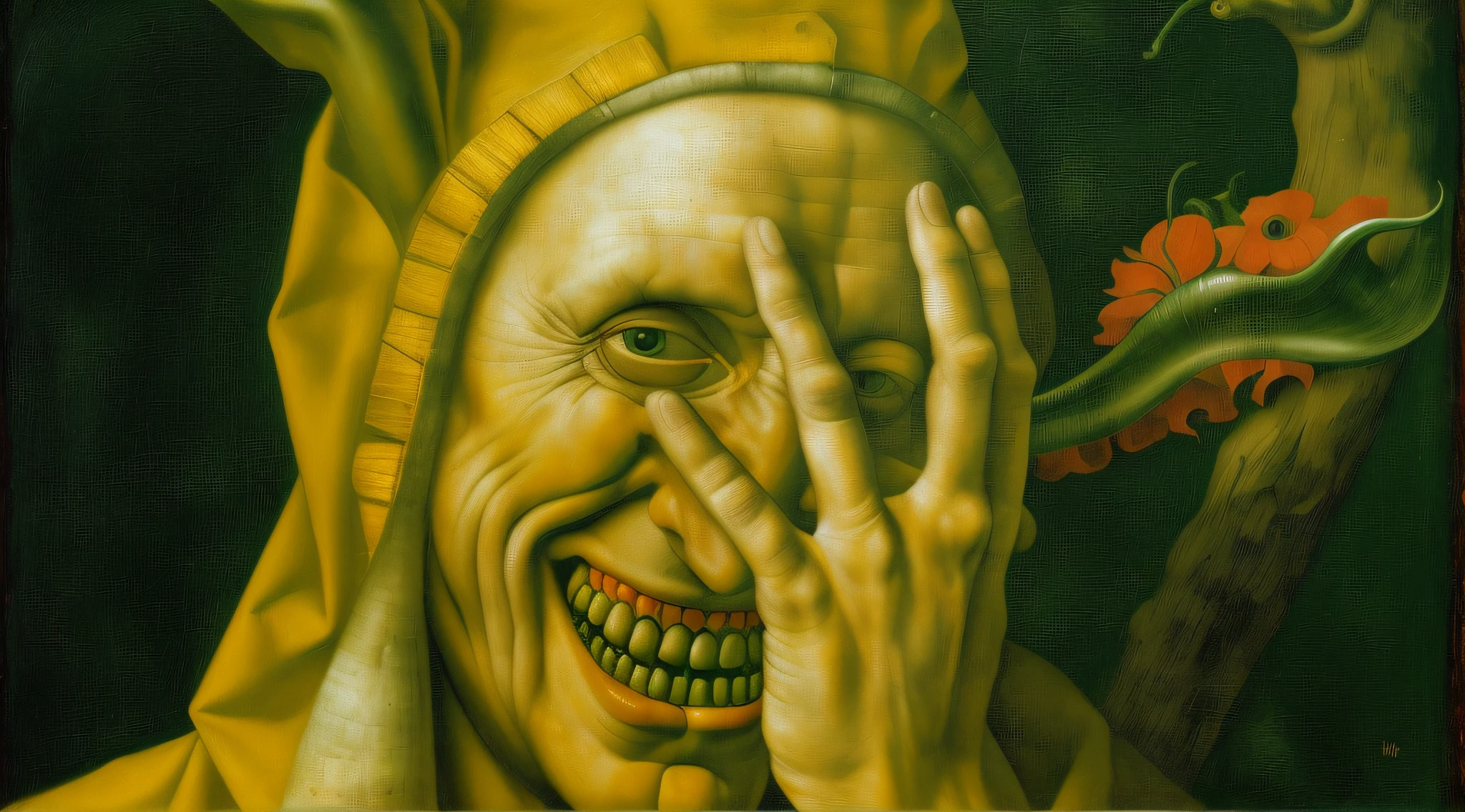 pintura de um homem com um capuz amarelo cobrindo seu rosto, toxic smile. Jan van Eyck, detalhe insano, sorriso insano, cursed images, Mal insano riso sorridente, laughing menacingly, por Hieronymous Bosch, inspirado por Hieronim Bosch, inspirado em Hieronymous Bosch, a devilish grin on his face, bobo da corte na era renascentista, desenho ultra realista.