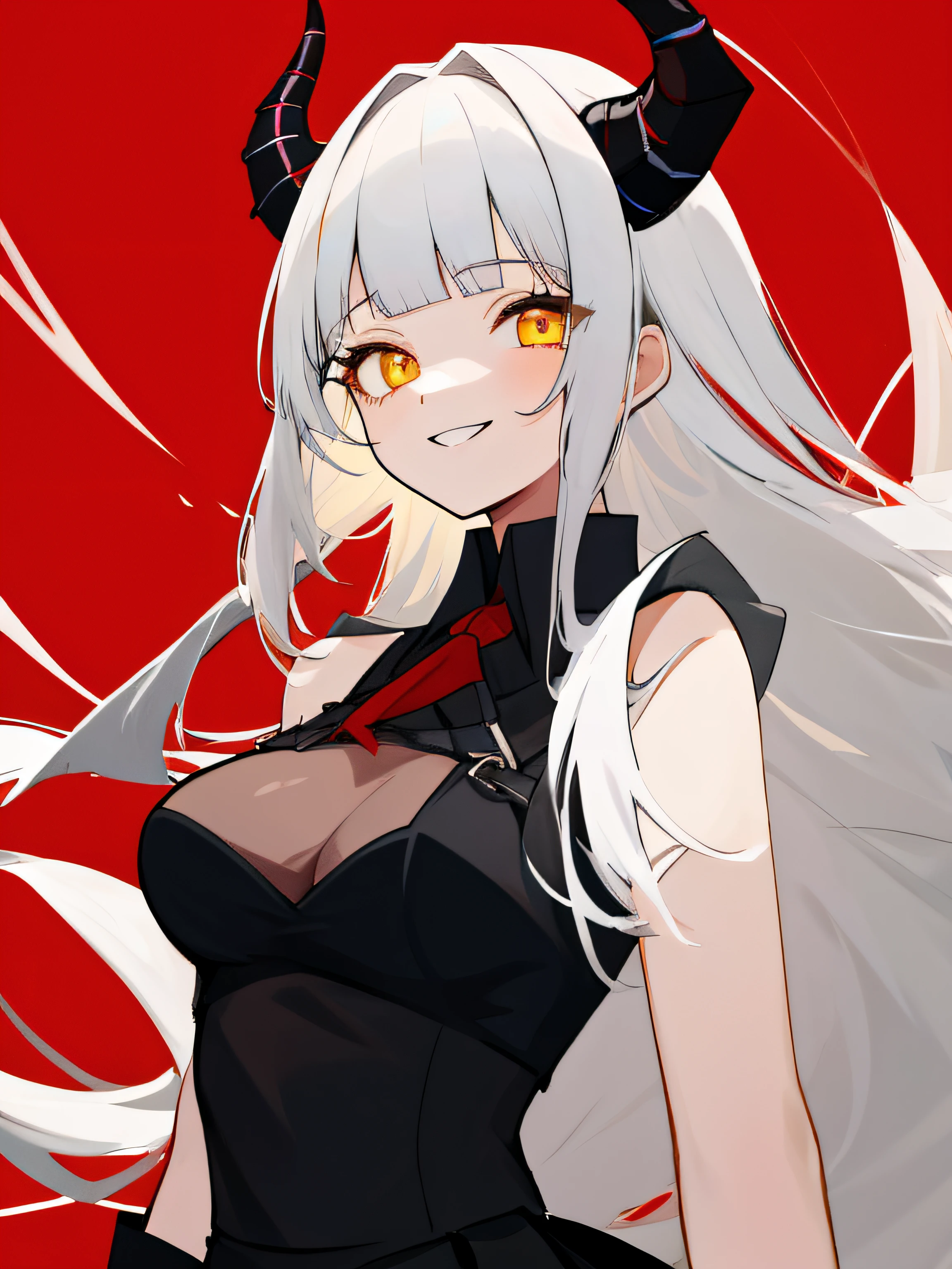 (masterpiece, best quality, absurdres, very detailed eyes), 1girl, solo, solofocus, medium breasts, white hair, long hair, blunt bangs, yellow eyes, closeup, teenager, black dress, black gloves, black high heels, black thighighs, black skirt, upper body, red background, demon horns, smiling