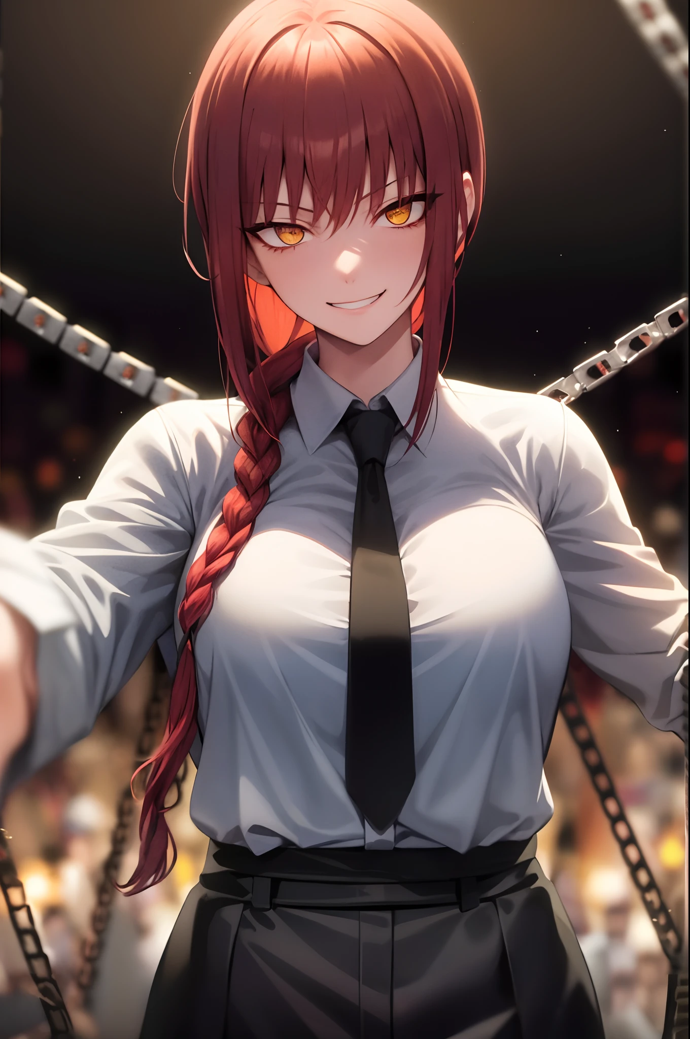(Masterpiece), (Best Quality),Makima \(Chainsaw Man\), Best Quality, Ultra Detailed, One Girl, Solo, Standing, Red Hair, Long Braided Hair, Golden Eyes, Sexy, Tied Up \(Nonsexual\), Bangs, Middle Chest, White Longsleeve Shirt, Blood Stain On Shirt, Tie, Staring, Smile, (Evil:1.3), (Psycho), Look at Audience, (Interview:1.3), (Dark Background, Chain:1.4), Cinematic Light
