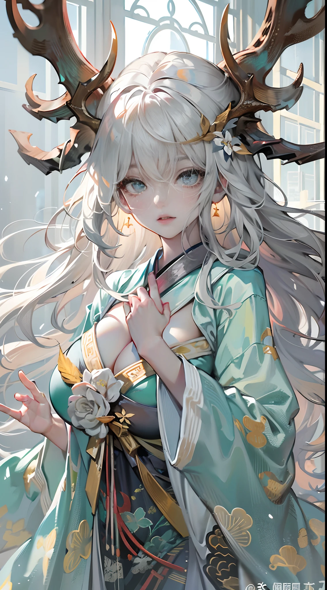Depressing text，Dragon's horn，deer antlers，Portrait，Realistic effect，Female pervert，White-haired girl，Messy hair，Ancient wind，cyan colors，cyan colors，Cyan Hanfu(Delicate and mysterious antique patterns)，high-heels，The expression after the climax，winning artwork，Silhouette effect，Epic composition，Stand in front of a window with falling snow(Ancient wind)，(Antique background)Need，8K，The human body light and shadow effect is three-dimensional，Delicate face，（in the darkness nigth：1.6），Fantasyart，photographrealistic，动态照明，art  stations，poster for，Volumetriclighting，Very detailed faces，4 k''，Award-Awarded, low tune, Cowboy shot, (Hanfu:1.4), long whitr hair,(Super huge)))，(((Super huge breasts)))，(cleavage)，(Lift your clothes)，((Cover your breasts))