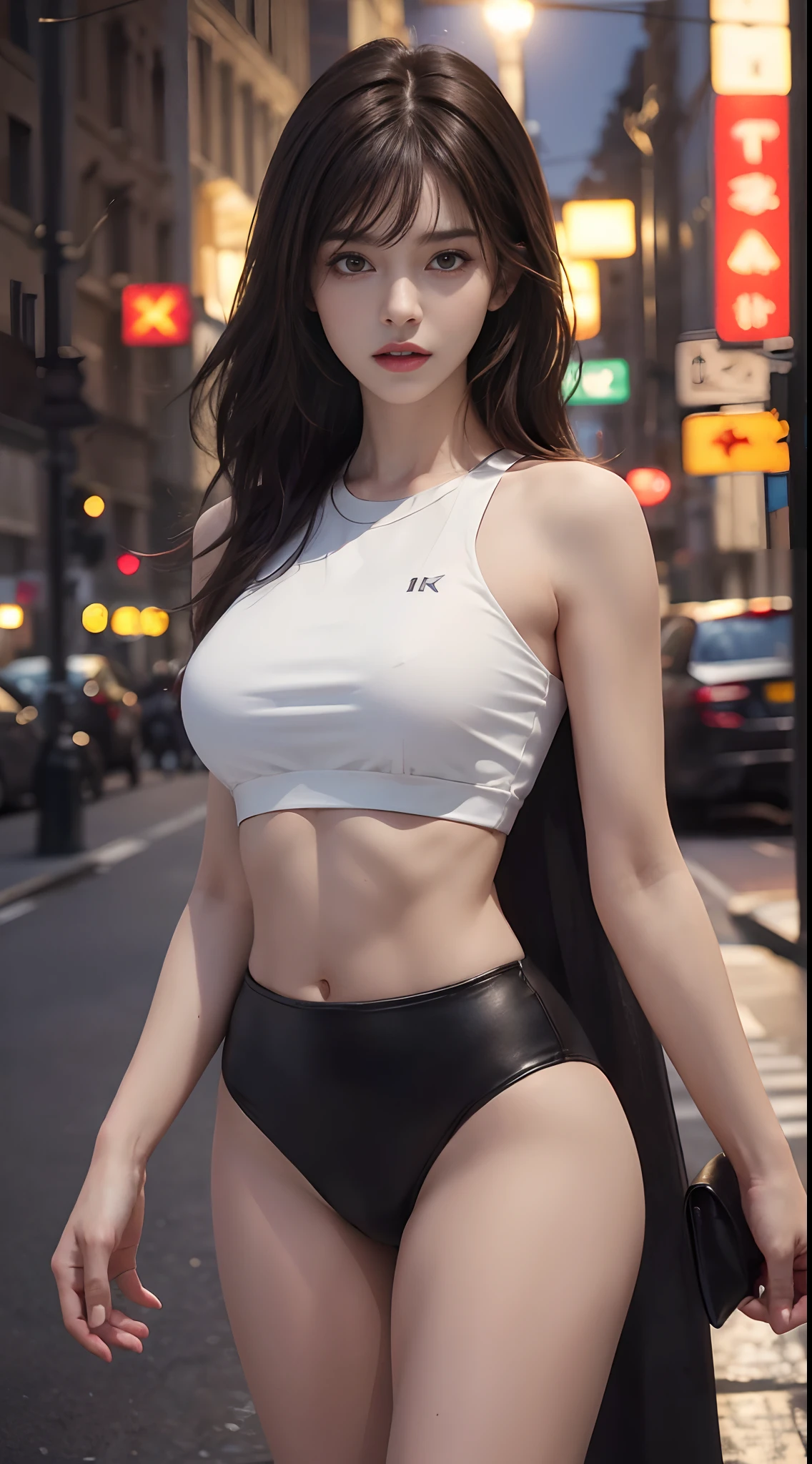 ((Realistic lighting, Best quality, 8K, Masterpiece: 1.3)), Clear focus: 1.2, 1girl, Perfect Figure: 1.4, Slim Abs: 1.1, ((Dark brown hair)), (White crop top: 1.4), (Outdoor, Night: 1.1), City streets, Super fine face, Fine eyes, Double eyelids,