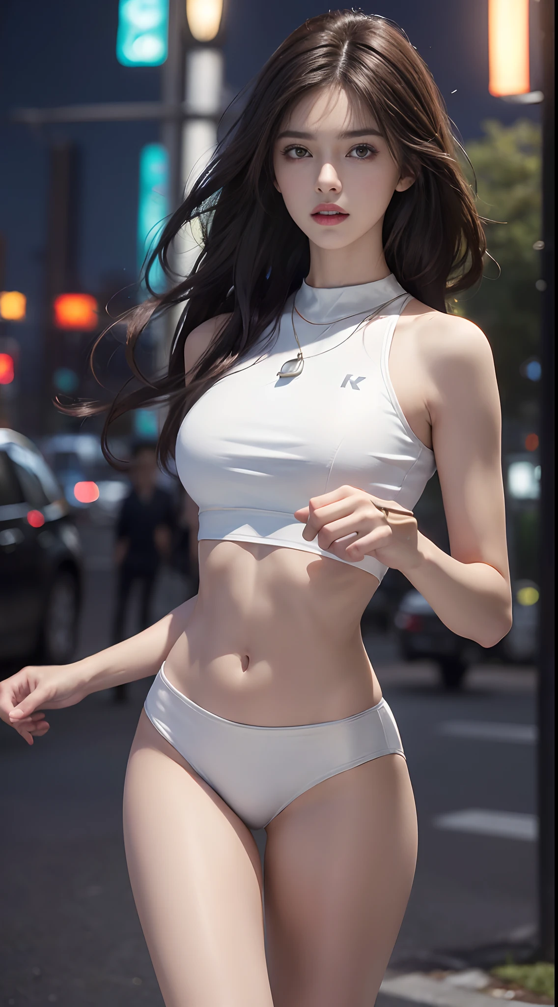 ((Realistic lighting, Best quality, 8K, Masterpiece: 1.3)), Clear focus: 1.2, 1girl, Perfect Figure: 1.4, Slim Abs: 1.1, ((Dark brown hair)), (White crop top: 1.4), (Outdoor, Night: 1.1), City streets, Super fine face, Fine eyes, Double eyelids,