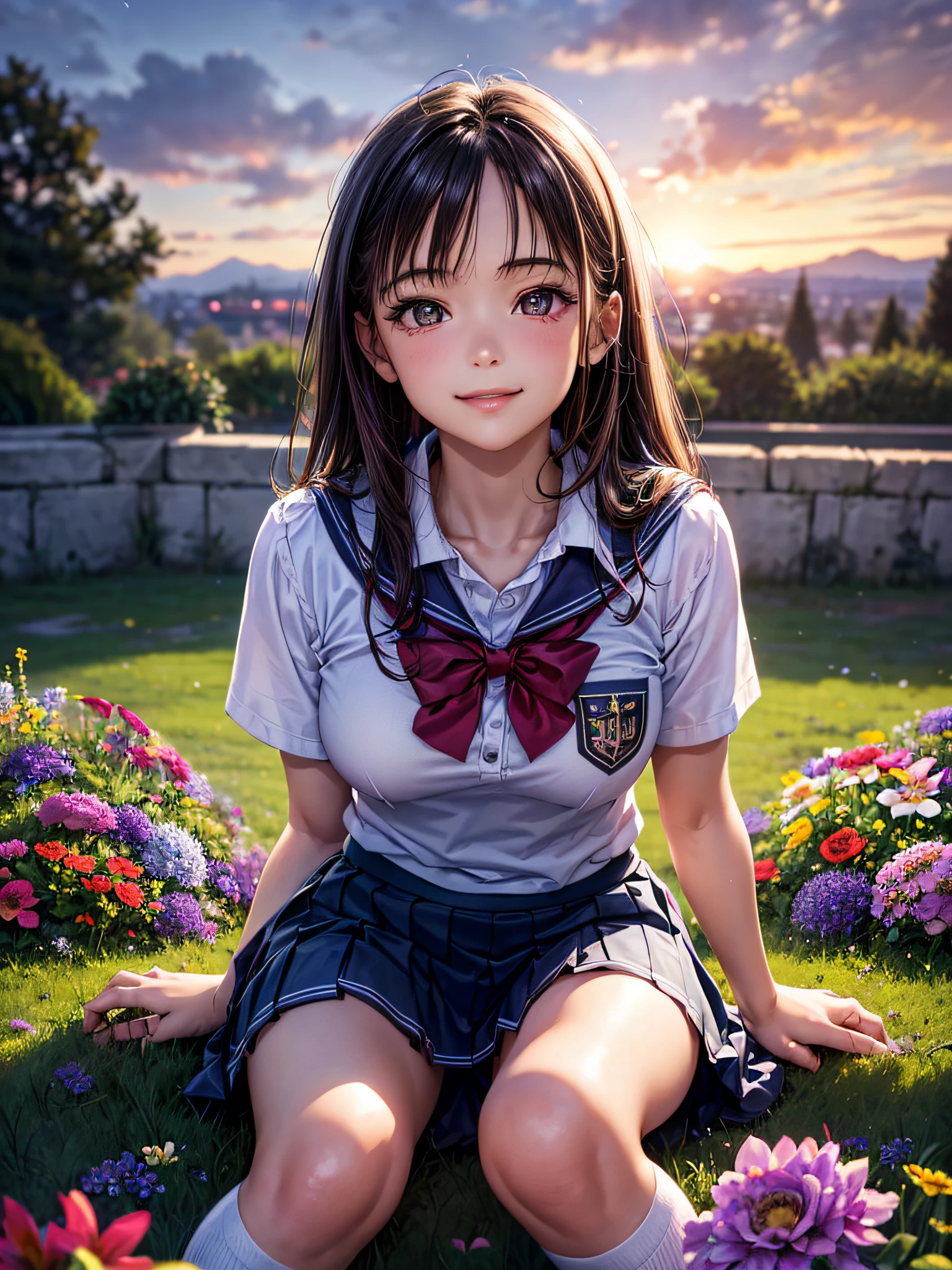 (1ung girls), brown hair, (highly detailed Beautiful face), Amazing face and eyes, (Best Quality:1.4), (Ultra-detailed), (extremely detailed CG unified 8k wallpaper), Highly detailed, High-definition raw color photos, Professional Photography, Realistic portrait, Amazing face and eyes, Pink eyes, (hi-school uniform, pleated mini skirt:1.3), ((hi-school uniform with open chest)), model, smile shyly, sitting, (open your legs), (((Bokeh))), depth of fields, depth of fields, ((meadow, flower garden)), (Surrounded by many flowers, flowers:1.5), twilight, sunset, (view from below:1.3),