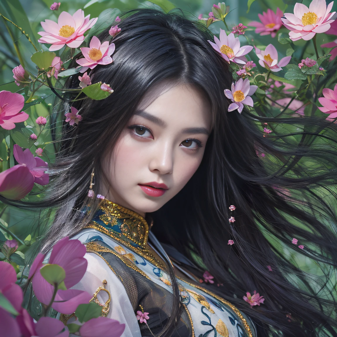 32K(tmasterpiece,k hd,hyper HD,32K)Long flowing black hair,ponds,zydink, a color, Aozhou people (Concubine girl), (Purple silk scarf), Combat posture, looking at the ground, long whitr hair, Floating hair, Carp pattern headdress, Chinese long-sleeved clothing, (Abstract gouache splash:1.2), Pink petal background,Pink and white lotus flowers fly(realisticlying:1.4),Black color hair,Fallen leaves flutter,The background is pure, A high resolution, the detail, RAW photogr, Sharp Re, Nikon D850 Film Stock Photo by Jefferies Lee 4 Kodak Portra 400 Camera F1.6 shots, Rich colors, ultra-realistic vivid textures, Dramatic lighting, Unreal Engine Art Station Trend, cinestir 800,Long flowing black hair,Denim skirt