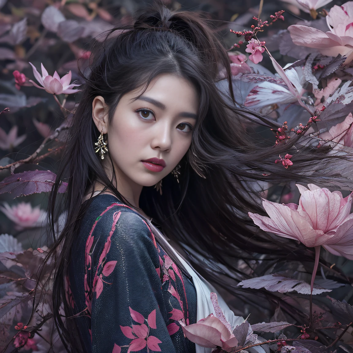 32K（tmasterpiece，k hd，hyper HD，32K）Long flowing black hair，ponds，zydink， a color， Aozhou people （Concubine girl）， （Purple silk scarf）， Combat posture， looking at the ground， long whitr hair， Floating hair， Carp pattern headdress， Chinese long-sleeved clothing， （Abstract gouache splash：1.2）， Pink petal background，Pink and white lotus flowers fly（realisticlying：1.4），Black color hair，Fallen leaves flutter，The background is pure， A high resolution， the detail， RAW photogr， Sharp Re， Nikon D850 Film Stock Photo by Jefferies Lee 4 Kodak Portra 400 Camera F1.6 shots, Rich colors, ultra-realistic vivid textures, Dramatic lighting, Unreal Engine Art Station Trend, cinestir 800，Long flowing black hair，Denim skirt