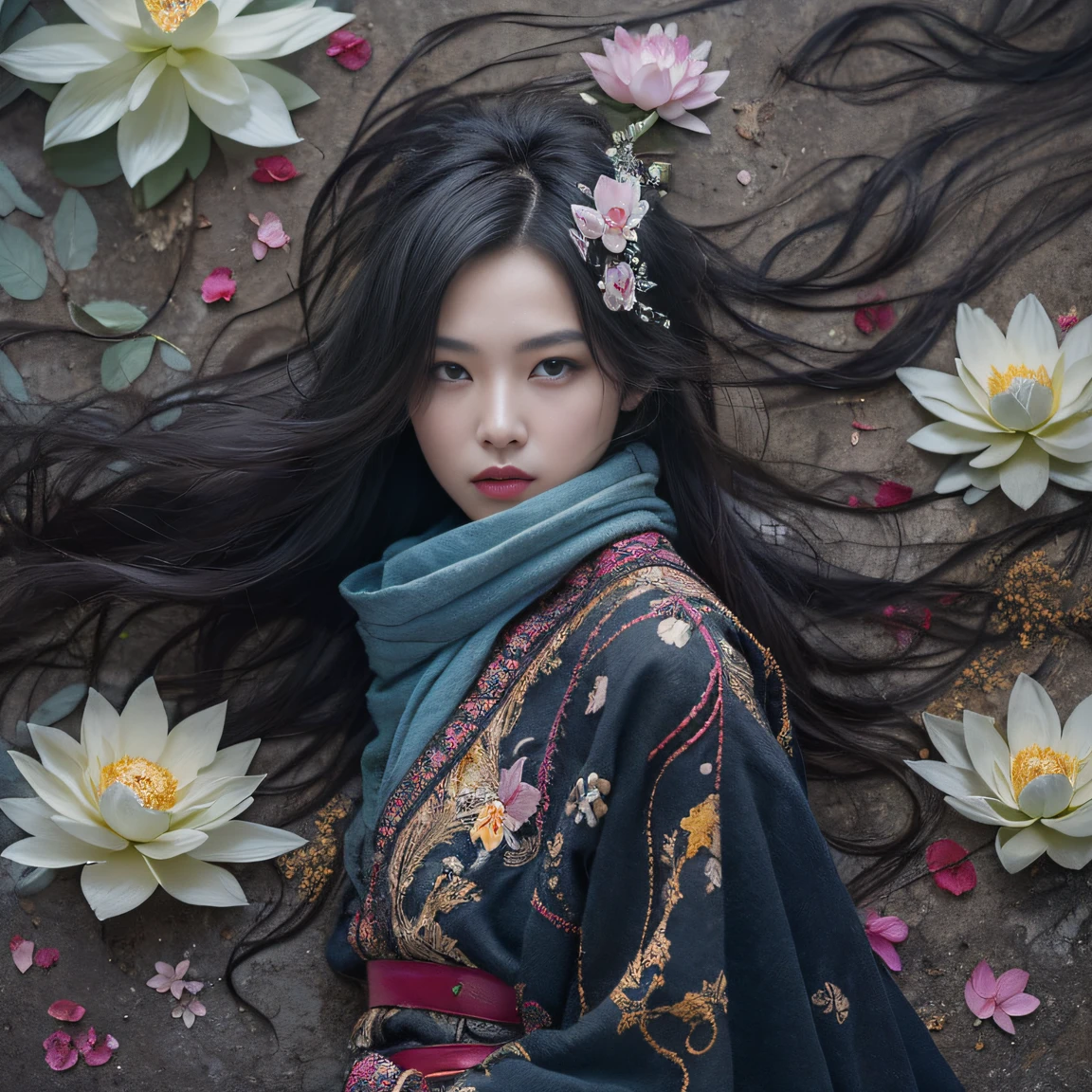 32K（tmasterpiece，k hd，hyper HD，32K）Long flowing black hair，ponds，zydink， a color， Aozhou people （Concubine girl）， （Purple silk scarf）， Combat posture， looking at the ground， long whitr hair， Floating hair， Carp pattern headdress， Chinese long-sleeved clothing， （Abstract gouache splash：1.2）， Pink petal background，Pink and white lotus flowers fly（realisticlying：1.4），Black color hair，Fallen leaves flutter，The background is pure， A high resolution， the detail， RAW photogr， Sharp Re， Nikon D850 Film Stock Photo by Jefferies Lee 4 Kodak Portra 400 Camera F1.6 shots, Rich colors, ultra-realistic vivid textures, Dramatic lighting, Unreal Engine Art Station Trend, cinestir 800，Long flowing black hair，Denim skirt
