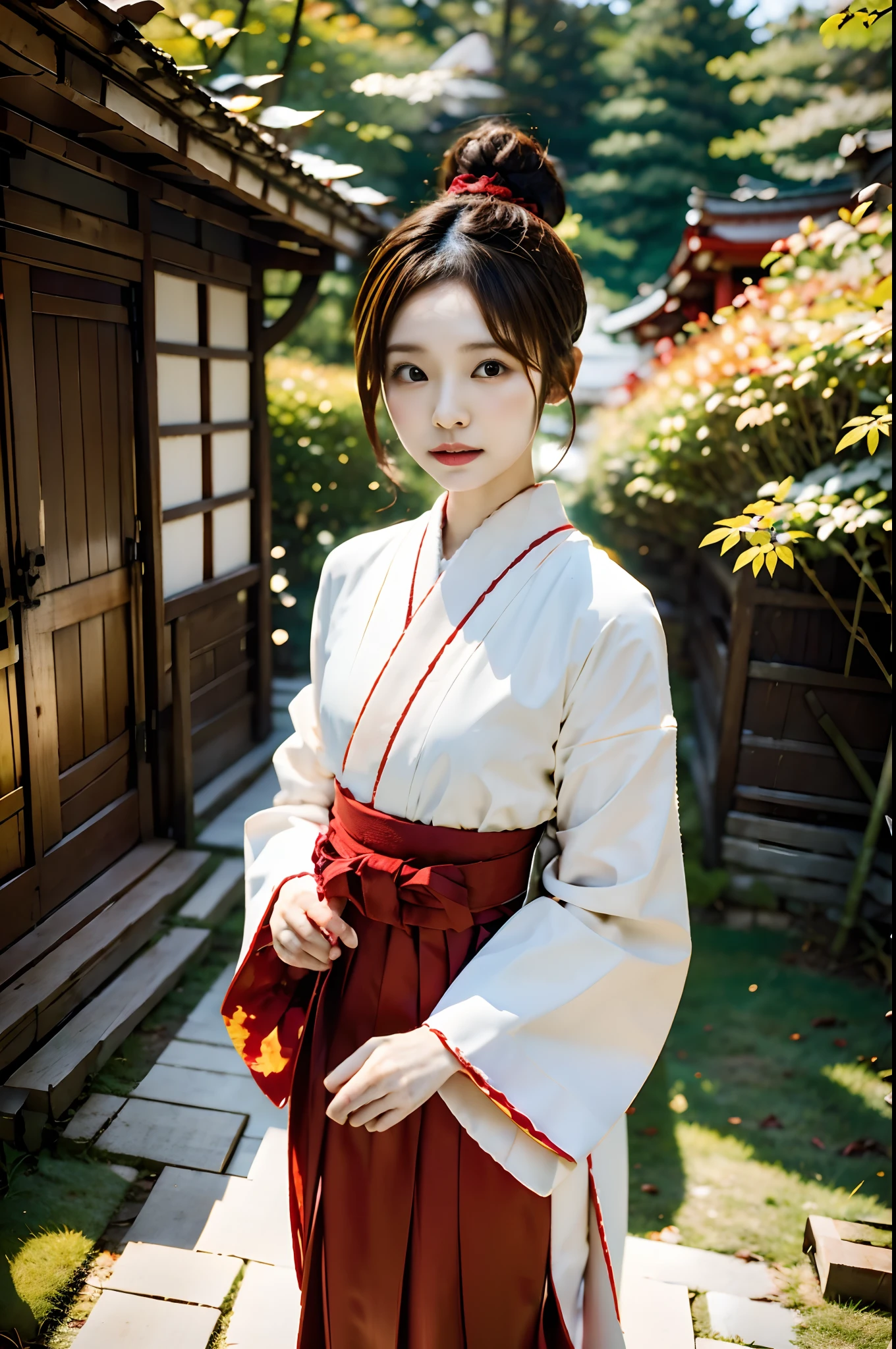 masutepiece, Best Quality,parfect anatomy,A Japanese Lady,独奏,Brown hair bun hair,White and red hakama,shrine maiden,White jacket　Red Hakama,Cleaning dead leaves with a bamboo broom at a shrine,