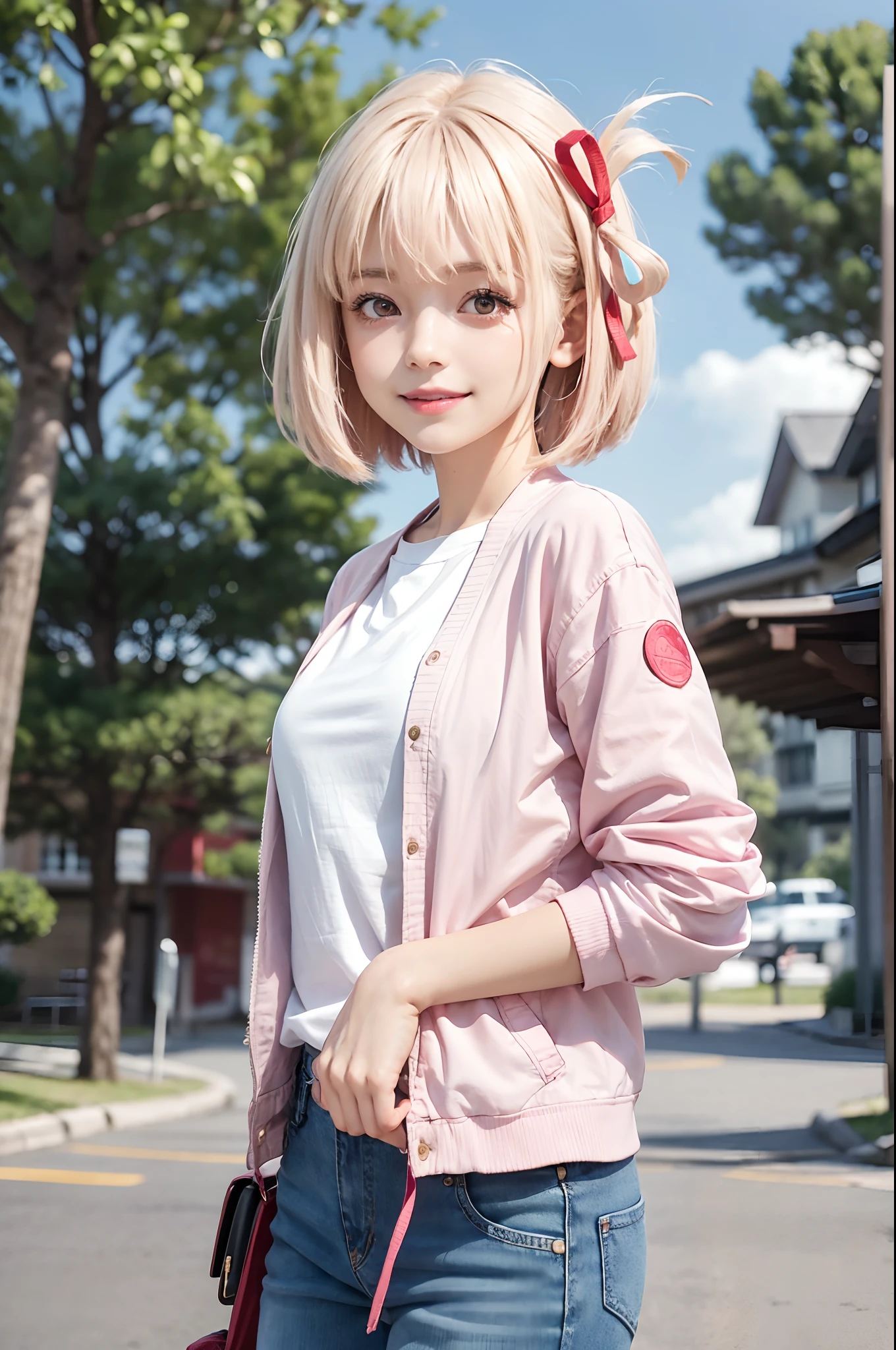 blurry, depth of field, blurry background, blurry foreground, photo background, 1girl, tree, solo, denim, building, outdoors, smile, pants, hair ribbon, looking at viewer, day, pink jacket, park, bangs, jacket, shirt, blue sky, red eyes, ribbon, white shirt, jeans, short hair, sky, blue pants, closed mouth