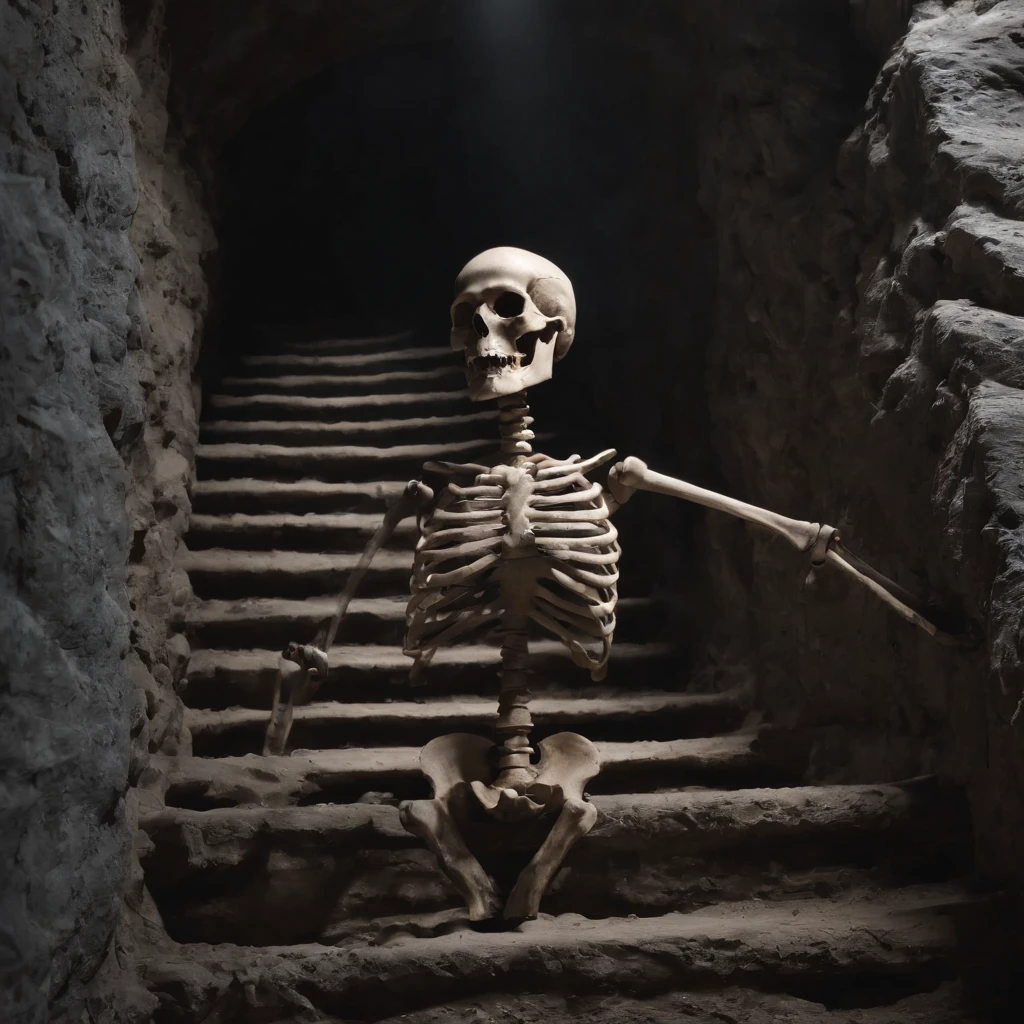 A man walks up the stairs in a cave, stairs from hell to heaven, Hellscape, Travel through hell, portal to hell, Out of the flames, portal to hell, stairway to heaven, portal to hell, Surreal hell, portal to hell, Stand in hell, iintricate、Epic composition, amazingly epic visuals, Hell background，skelleton，The skeletons fall apart on the road