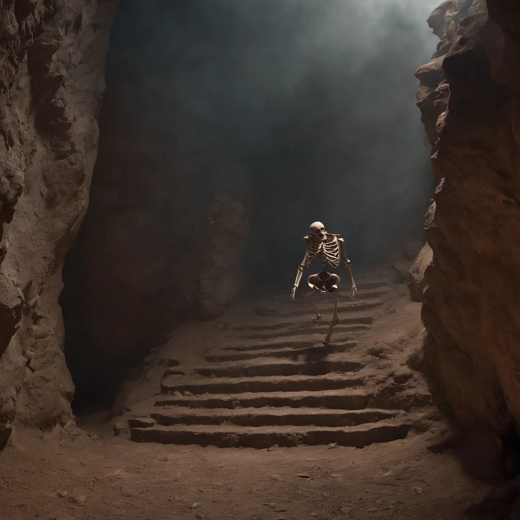 A man walks up the stairs in a cave, stairs from hell to heaven, Hellscape, Travel through hell, portal to hell, Out of the flames, portal to hell, stairway to heaven, portal to hell, Surreal hell, portal to hell, Stand in hell, iintricate、Epic composition, amazingly epic visuals, Hell background,skelleton,The skeletons fall apart on the road