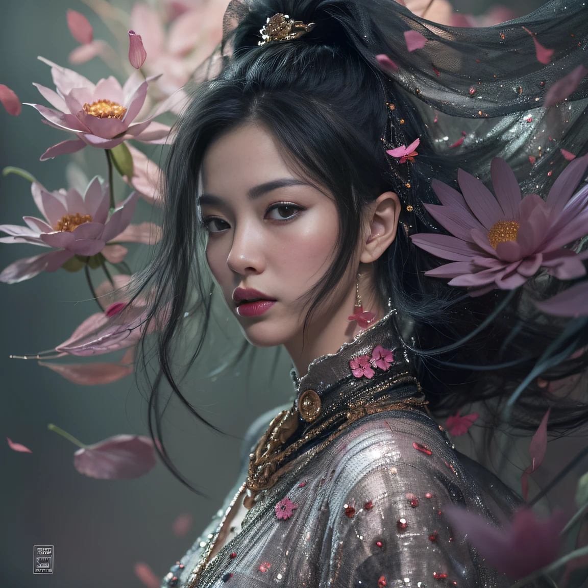 32K(tmasterpiece,k hd,hyper HD,32K)Long flowing black hair,ponds,zydink, a color, Aozhou people (Concubine girl), (Purple silk scarf), Combat posture, looking at the ground, long whitr hair, Floating hair, Carp pattern headdress, Chinese long-sleeved clothing, (Abstract gouache splash:1.2), Pink petal background,Pink and white lotus flowers fly(realisticlying:1.4),Black color hair,Fallen leaves flutter,The background is pure, A high resolution, the detail, RAW photogr, Sharp Re, Nikon D850 Film Stock Photo by Jefferies Lee 4 Kodak Portra 400 Camera F1.6 shots, Rich colors, ultra-realistic vivid textures, Dramatic lighting, Unreal Engine Art Station Trend, cinestir 800,Long flowing black hair,Denim skirt