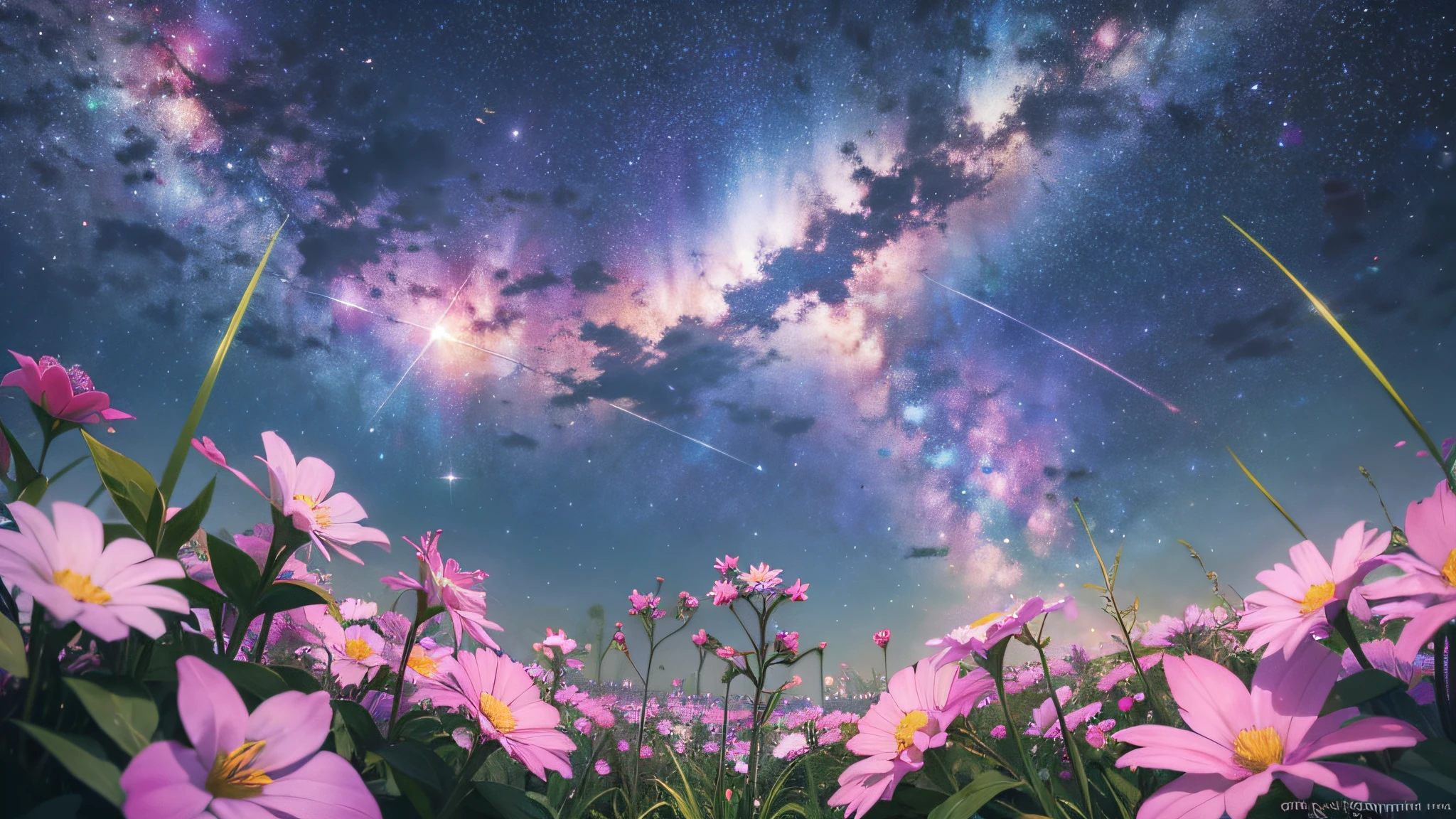 High quality, high detail, brilliant starry sky, flowers of various colors emit dazzling light CG Art 8K
