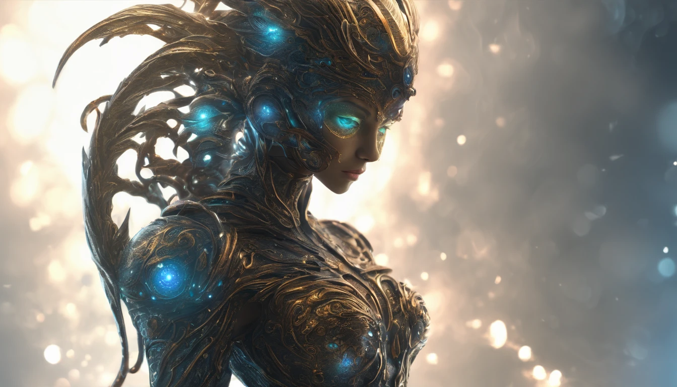 In the futuristic expanse of a sci-fi realm, the Goddess stands as an embodiment of technological marvels and timeless allure, her cybernetic enhancements gracefully integrated into her form. With luminescent circuitry patterns adorning her radiant skin and eyes that sparkle like distant stars, she emanates an ethereal beauty that transcends the boundaries of time and space. masterpiece, best quality, extreme details, intricate, photo realistic