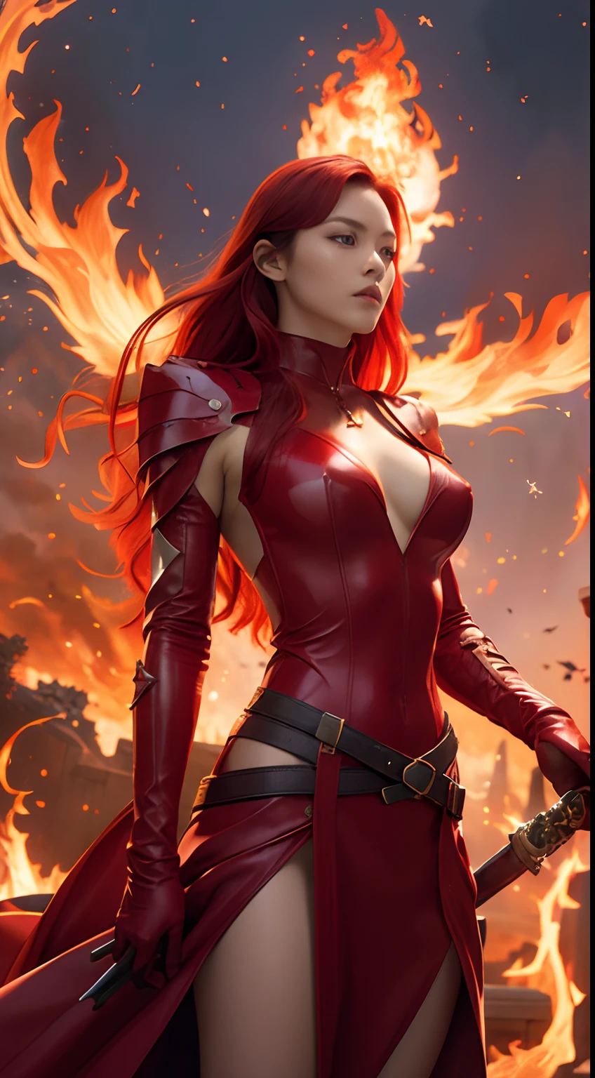 a cool,20th generation female,long red wavy hair,Red Eyes,sharp eye,glares,Red leather,body suit,gloves,Covers the whole body,Mystical decoration,cross belt,breastsout,up chest,realistic illustration,loimu,of the Great Flame,Cover the sky,Expressed throughout the body,look up sky,Reach for the sky,(Effect Effects),Fantasia,Holding a huge sword in his hand,Flaming sword,battle field,Beautuful Women,Deities々Right