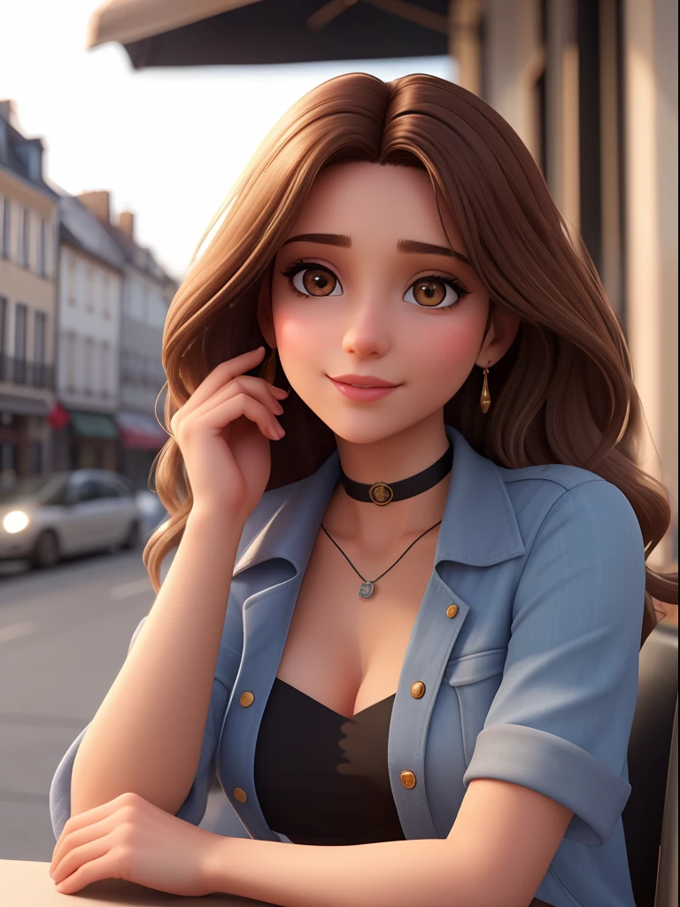 Beautiful French woman sitting and drinking beer outside on the street side in a small cafe, gorgeous face, long brown wavy hair with brown eyes and heavy eye shadow, wearing beautiful and elegant clothes, black choker on her neck, great fashion style, looking at you with loving eyes and a soft smile, background is a European downtown city, Blurred background, shallow depth of field, cinematic light, soft light, backlit, micro-details, photorealism, photorealistic, Cinematic